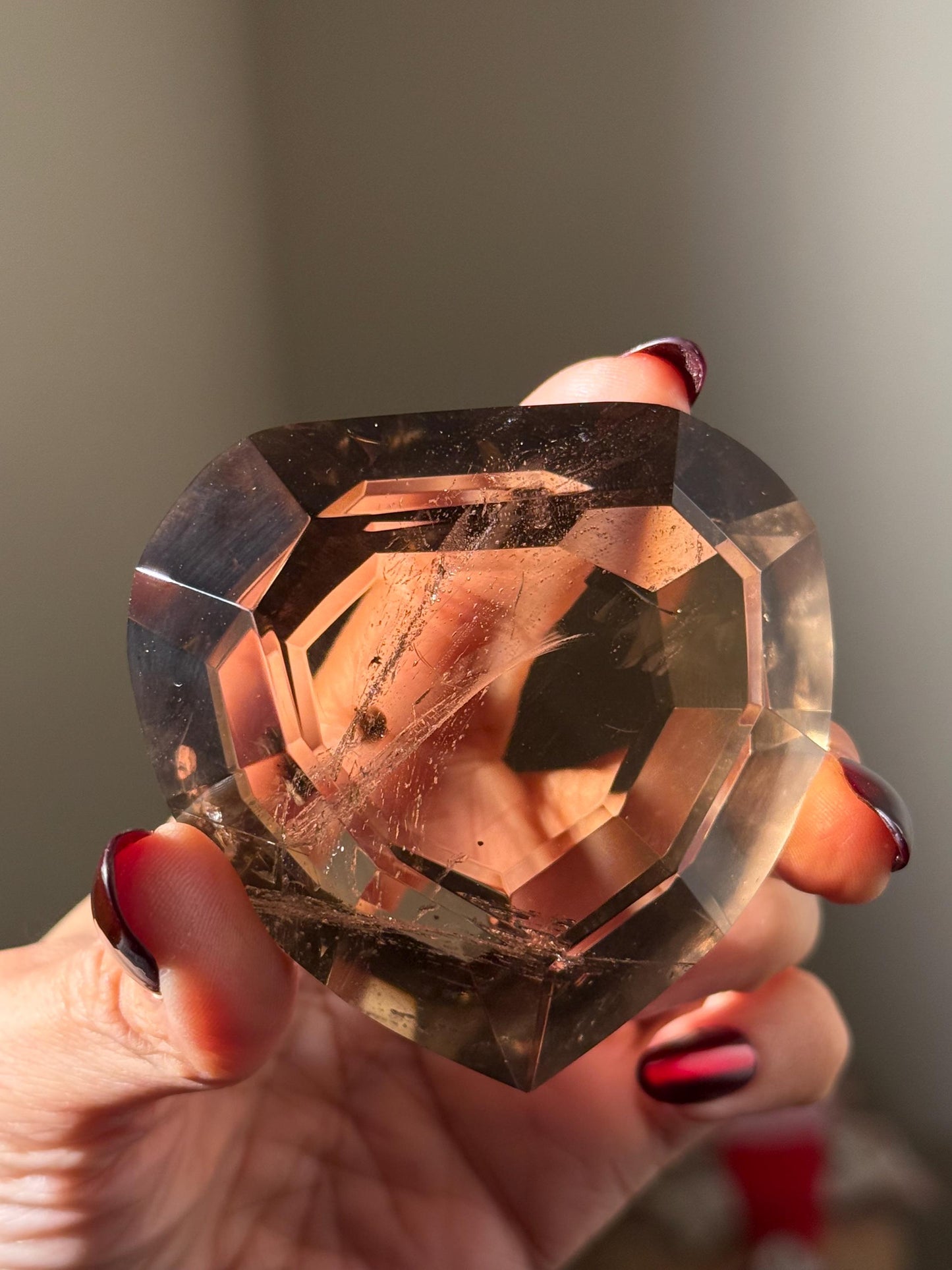 Large Faceted Smoky Quartz Heart, Smoky Quartz With Golden Rutile, Faceted Crystals, Faceted Smoky Quartz, Golden Rutile, Crystal Gifts,