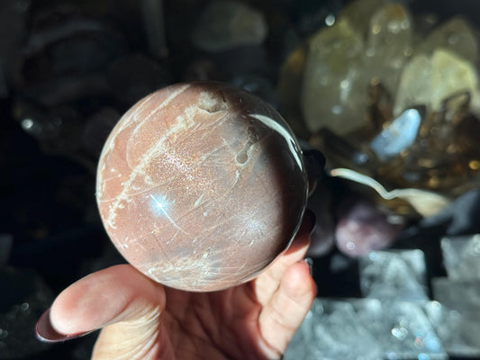 Star Flash Peach Suntone Sphere, Sunstone With Rainbow Confetti, Sunstone with Moonstone Peach Moonstone, 68, mm