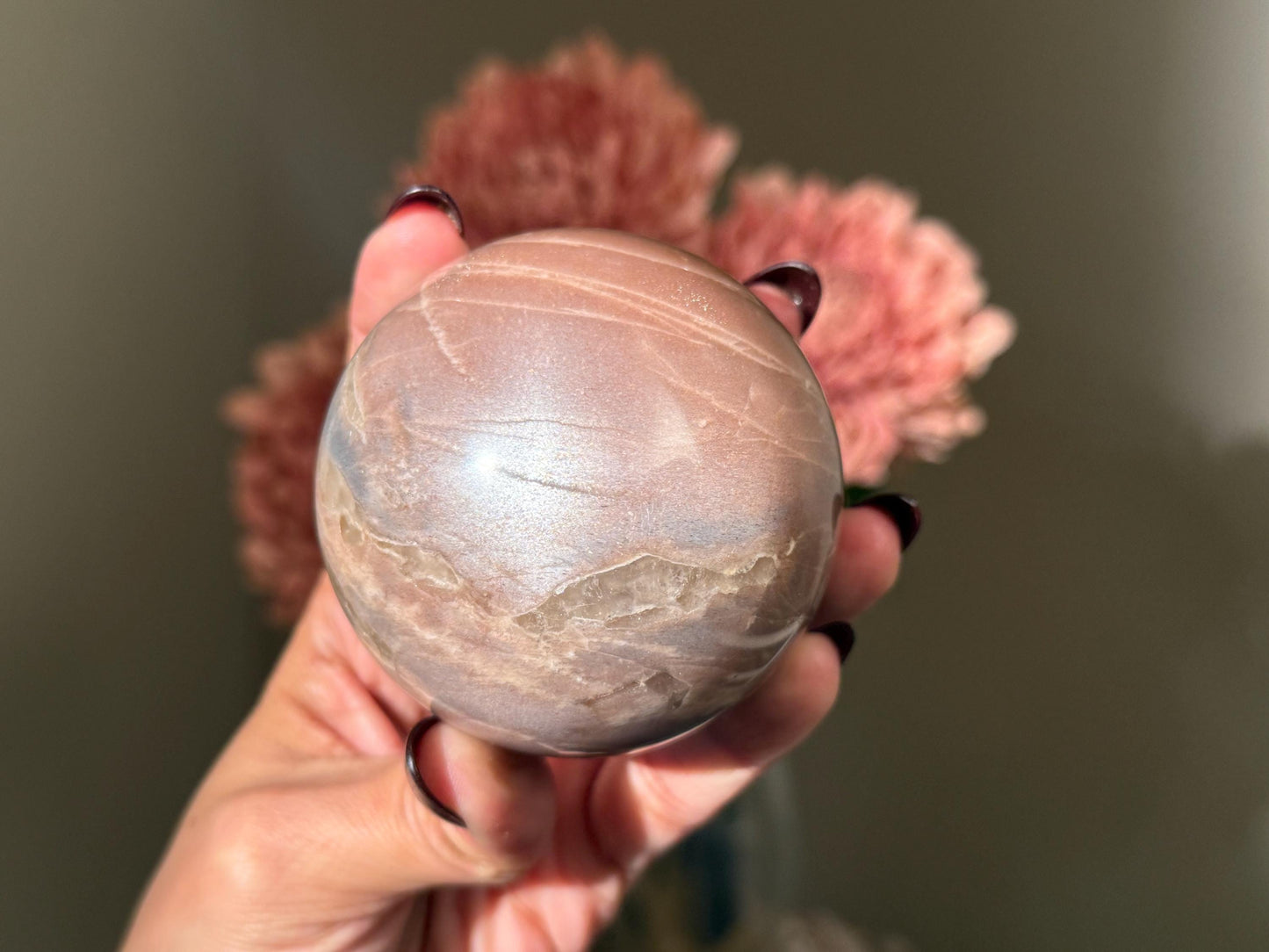 Star Flash Peach Suntone Sphere, Sunstone With Rainbow Confetti, Sunstone with Moonstone Peach Moonstone, 68, mm