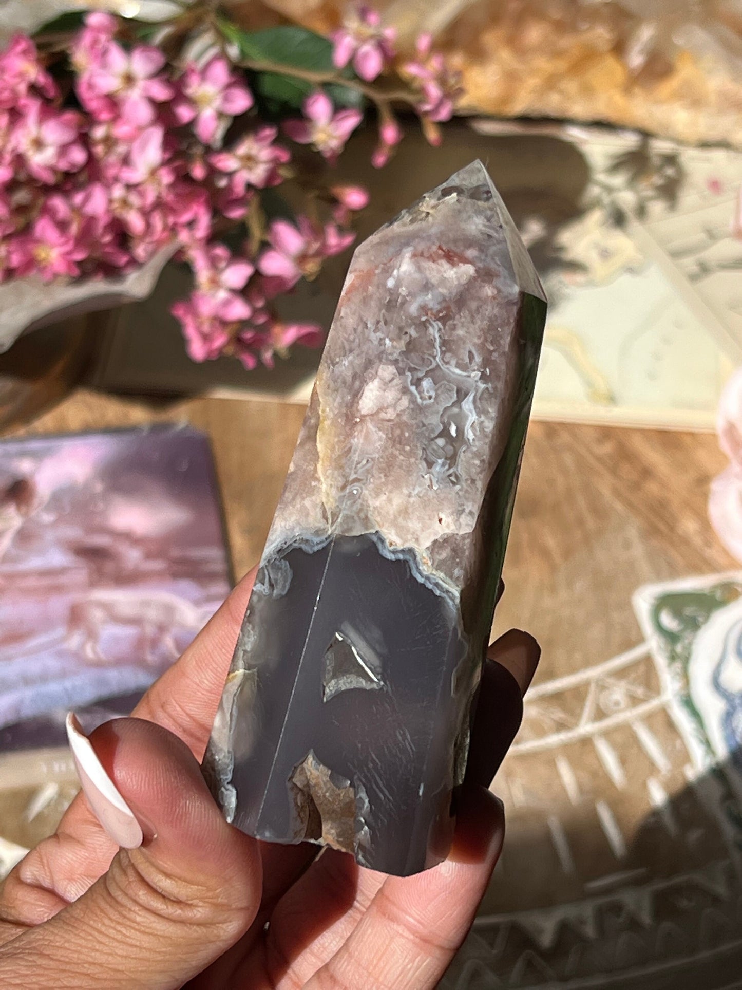 Black Flower Agate Tower, Pink and GREY Flower Agate, Flower Agate, Crystal Gifts, Metaphyiscal Gifts,