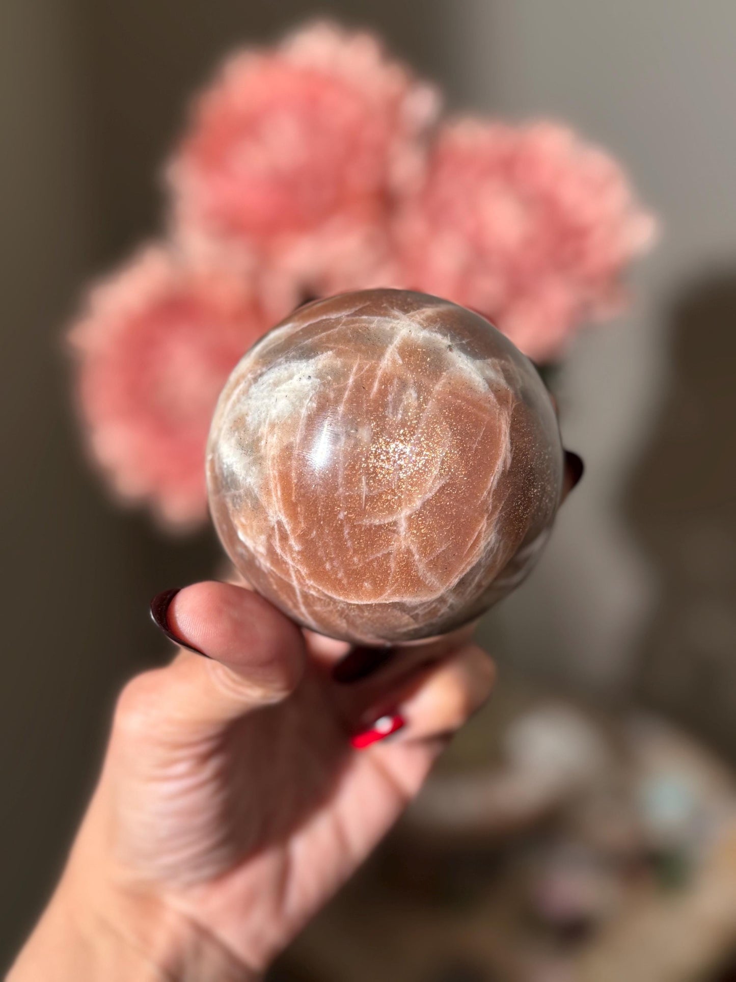 Star Flash Peach Suntone Sphere, Sunstone With Rainbow Confetti, Sunstone with Moonstone Peach Moonstone, 76 mm