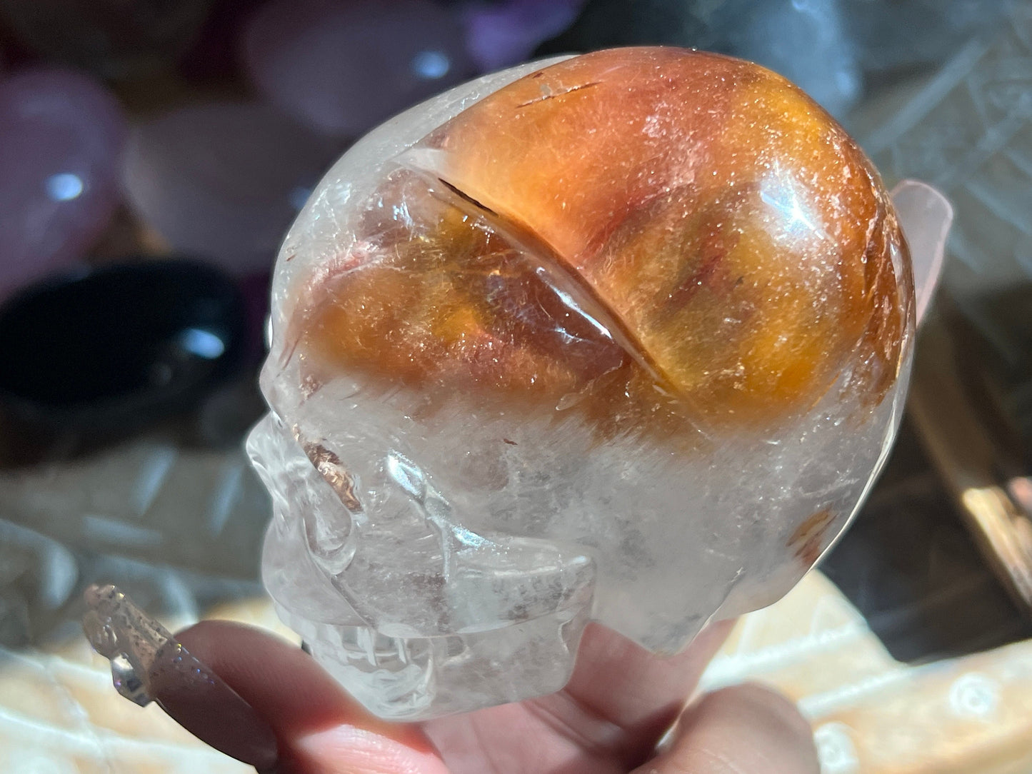 Amphibole Crystal skull, Hand Carved Crystal skull, Skulls, Crystal Gifts, Metaphysical Gifts, Rabbit Hair Quartz, Rabbit hair Quartz Skull