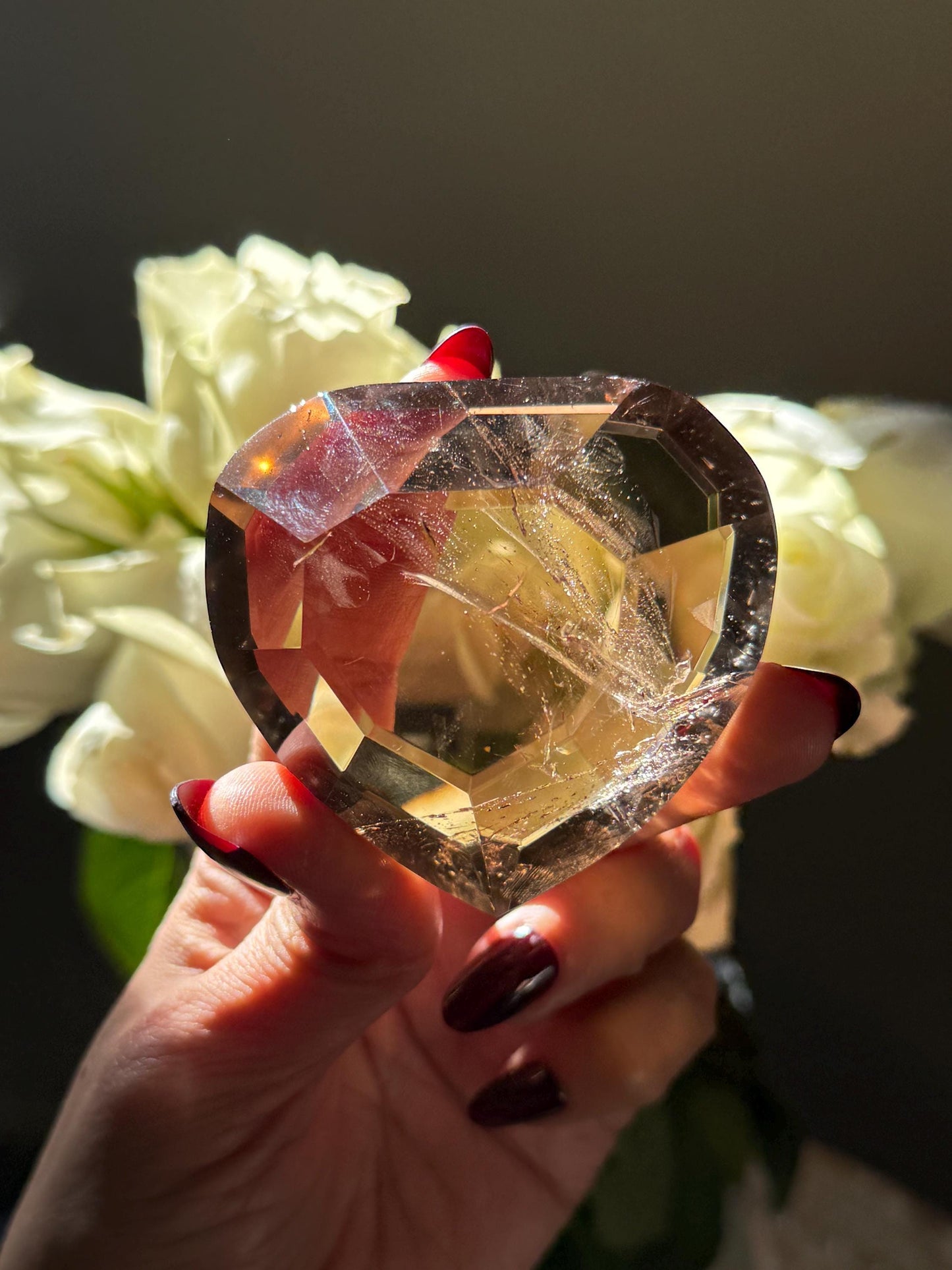 Large Faceted Smoky Quartz Heart, Smoky Quartz With Golden Rutile, Faceted Crystals, Faceted Smoky Quartz, Golden Rutile, Crystal Gifts,