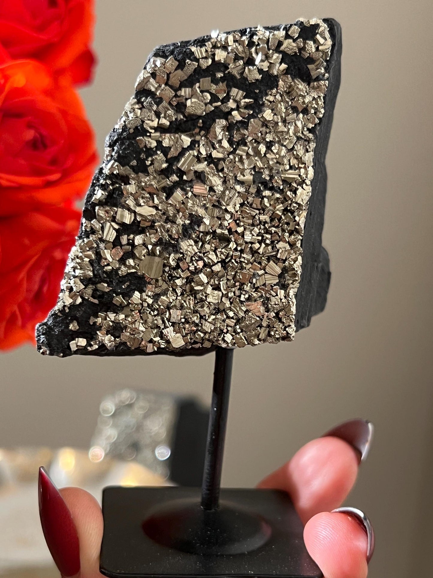 Shungite with Pyrite On Stand, Natural Shungite, Shungite with Pyrite, Raw Shungite, Crystal Gifts, Metaphysical Gifts, Spiritual Decor