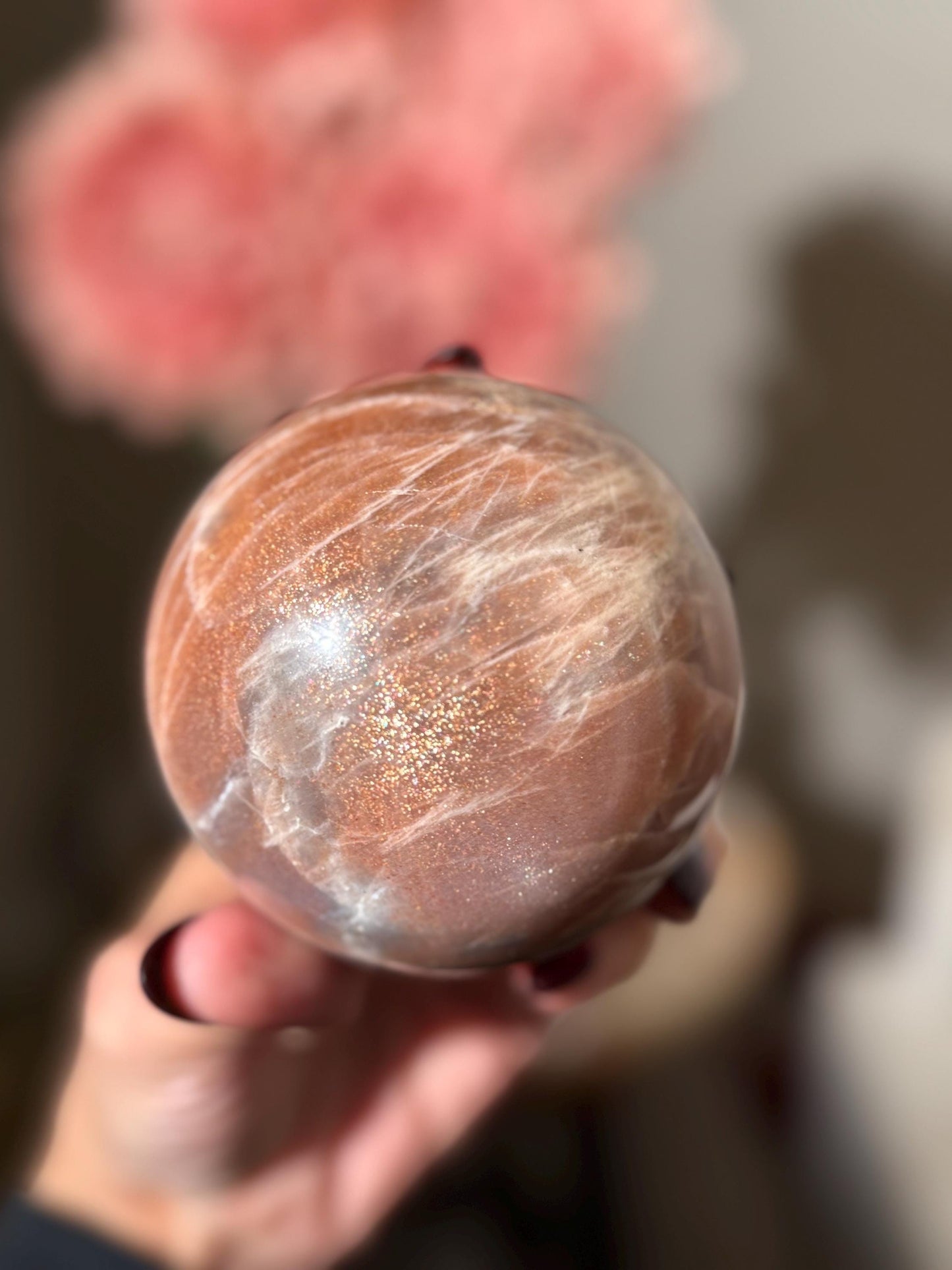Star Flash Peach Suntone Sphere, Sunstone With Rainbow Confetti, Sunstone with Moonstone Peach Moonstone, 76 mm