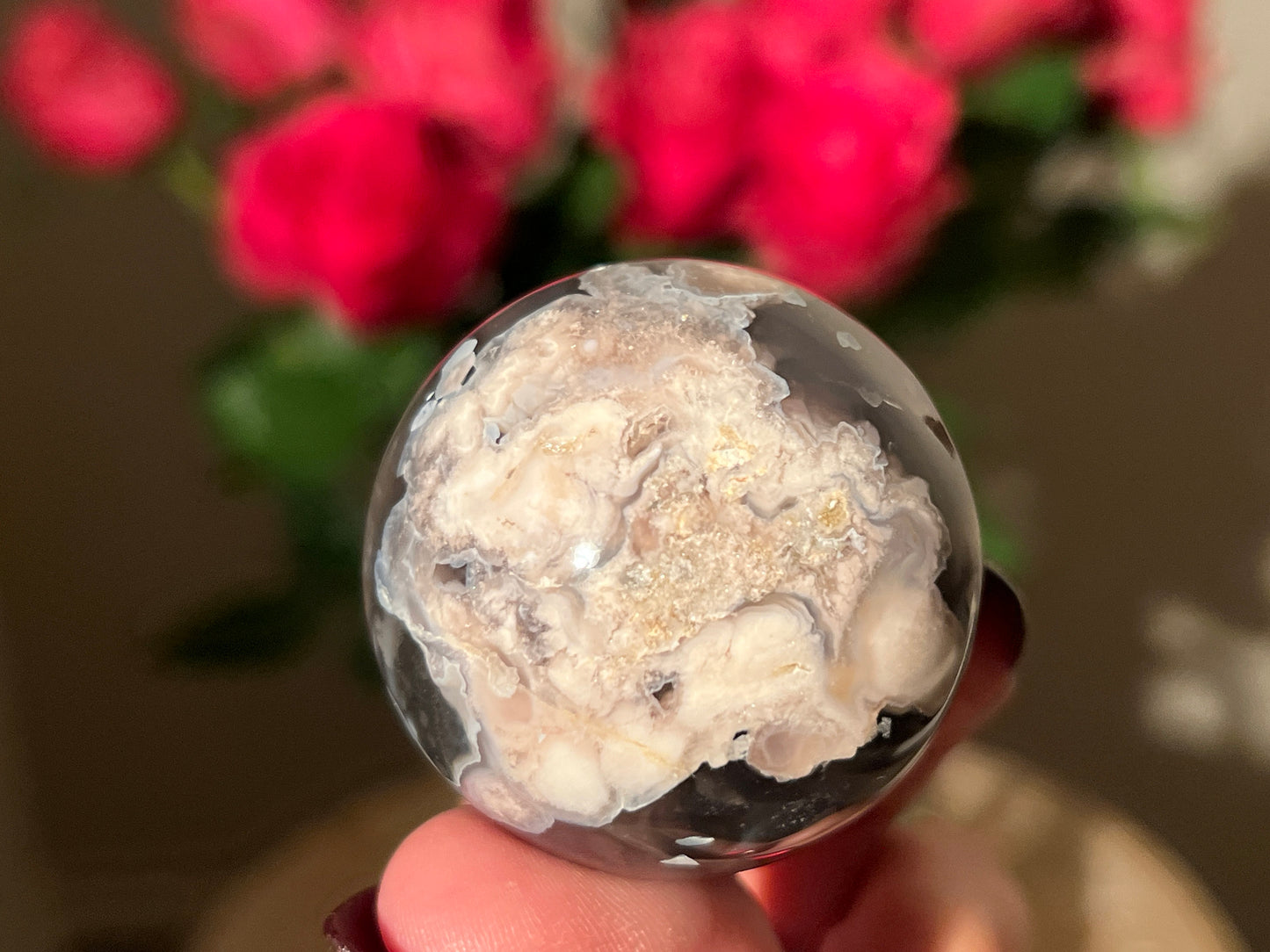 Black Flower Agate Sphere, Rare Black Flower Agate, Blue Flower Agate, Cherry Blossom Agate, Sakura Agate, Crystal Sphere, SMALL