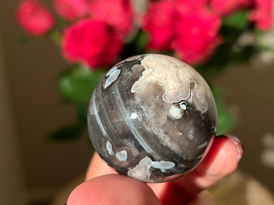 Black Flower Agate Sphere, Rare Black Flower Agate, Blue Flower Agate, Cherry Blossom Agate, Sakura Agate, Crystal Sphere, SMALL