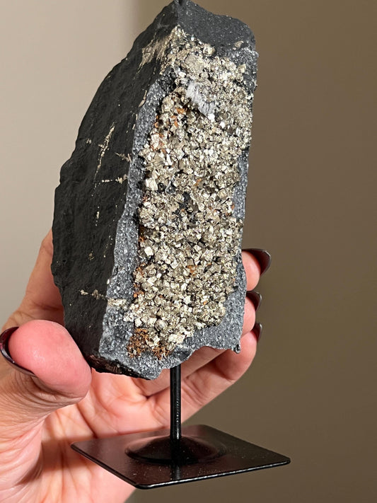 Shungite with Pyrite On Stand, Natural Shungite, Shungite with Pyrite, Raw Shungite, Crystal Gifts, Metaphysical Gifts, Spiritual Decor