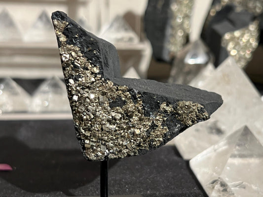 Shungite with Pyrite On Stand, Natural Shungite, Shungite with Pyrite, Raw Shungite, Crystal Gifts, Metaphysical Gifts, Spiritual Decor