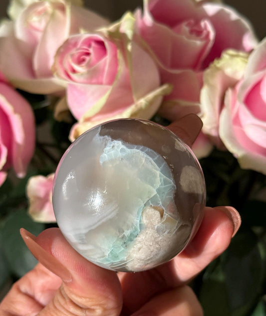 Green Flower Agate, Green Flower Agate Sphere, Sakura Agate, Cherry Blossom Agate, Heart Crystals, Crystal Gifts, Metaphysical Gifts