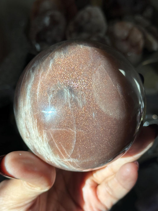 Star Flash Peach Suntone Sphere, Sunstone With Rainbow Confetti, Sunstone with Moonstone Peach Moonstone, 76 mm