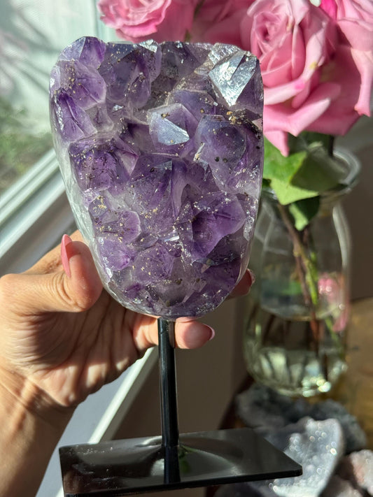 Gorgeous Amethyst Cut Base with Sugar Druzy, Natural Amethyst Cluster, Amethyst Geode Cut base, Amethyst on Stand, Crystal Gifts,