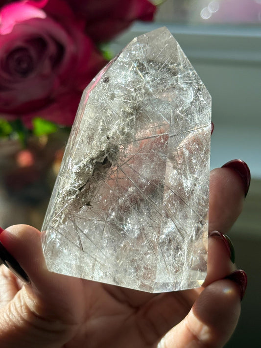 Silver Rutilated Quartz, Titanium dioxide mineral, Rutilated Quartz, Rutile Quartz, Garden Quartz, Polished Lodolite Quartz, Crystal Gifts,