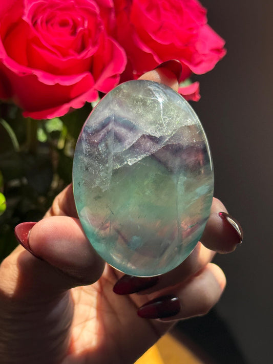 High Quality Fluorite Palm Stone – Hand Polished Green & Purple Fluroite, Collector’s Stone
