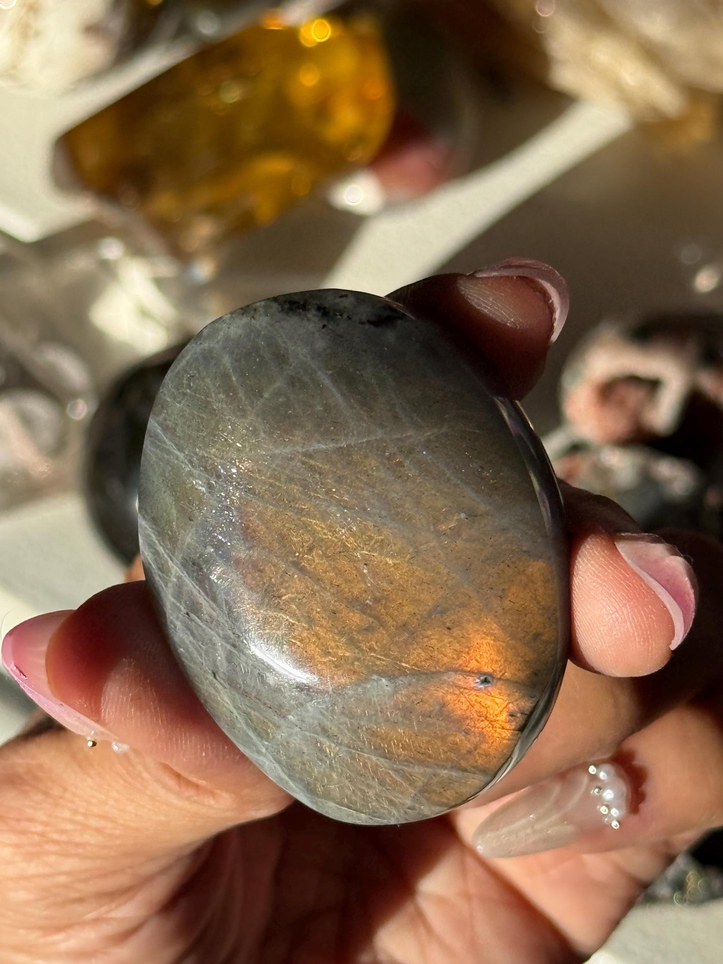Sunset Labradorite Palmstone, Sunset Flash Lab, Orange Labradorite, Protection Crystals, small