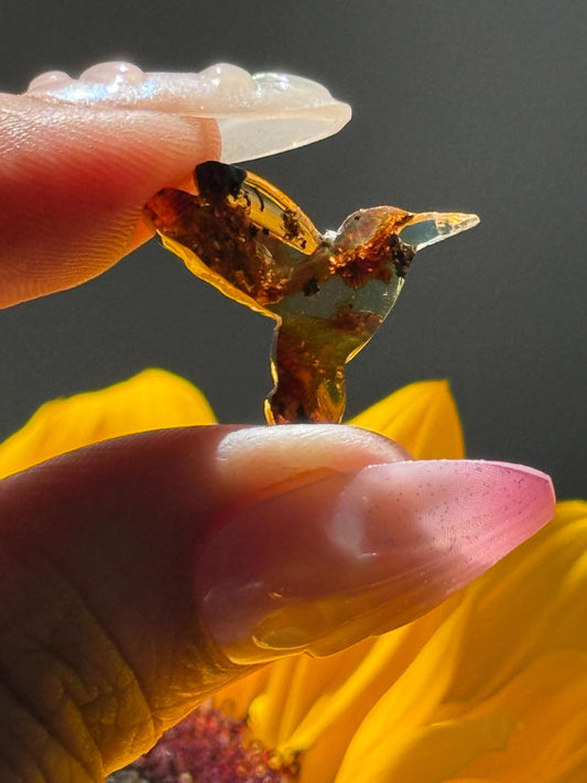 Hummingbird Crystal Carving, Golden Fossil Resin, Gemstone carving From Chipas Mexico,