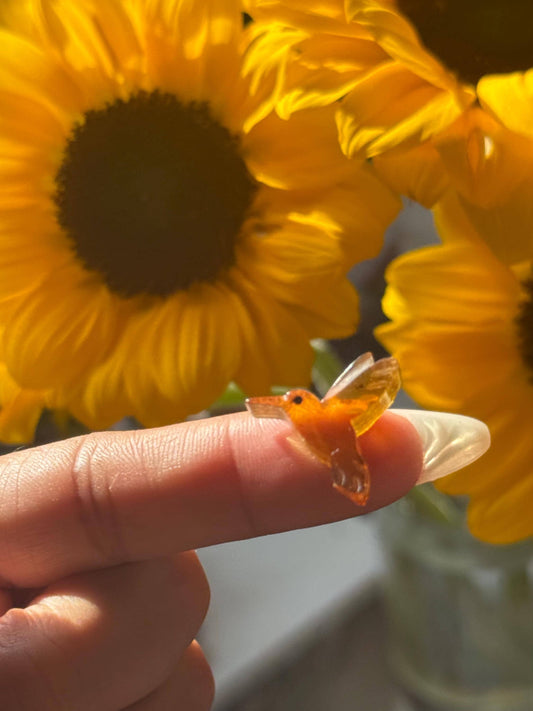 Hummingbird Crystal Carving, Golden Fossil Resin, Gemstone carving From Chipas Mexico, Discounted