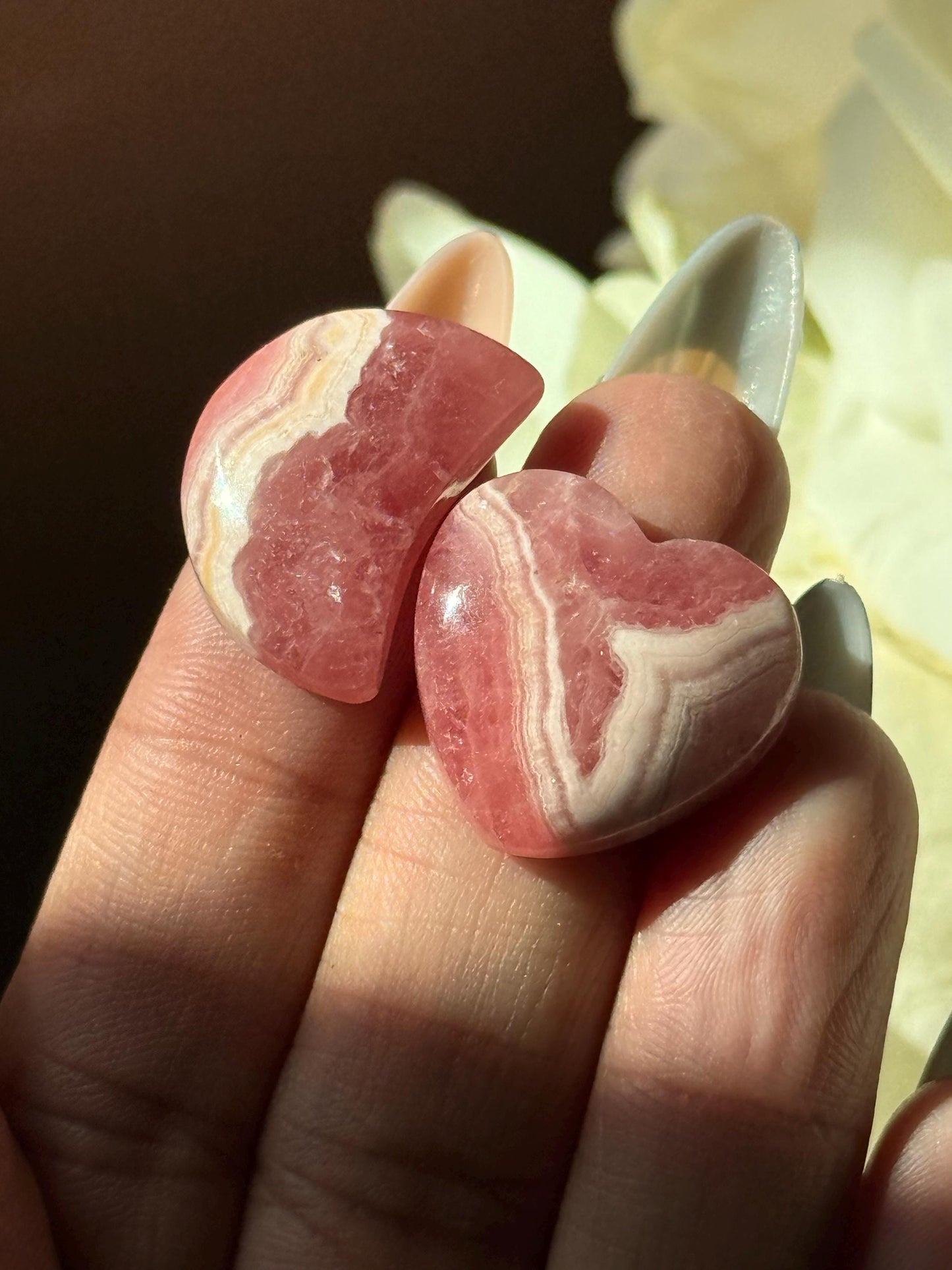 Rhodochrosite Heart Set, Pink Rhodochrosite Moon, Rhodochrosite Heart, Banded rhodochrosite, Moon Charms, Crystal Gifts, Rhodochrosite,