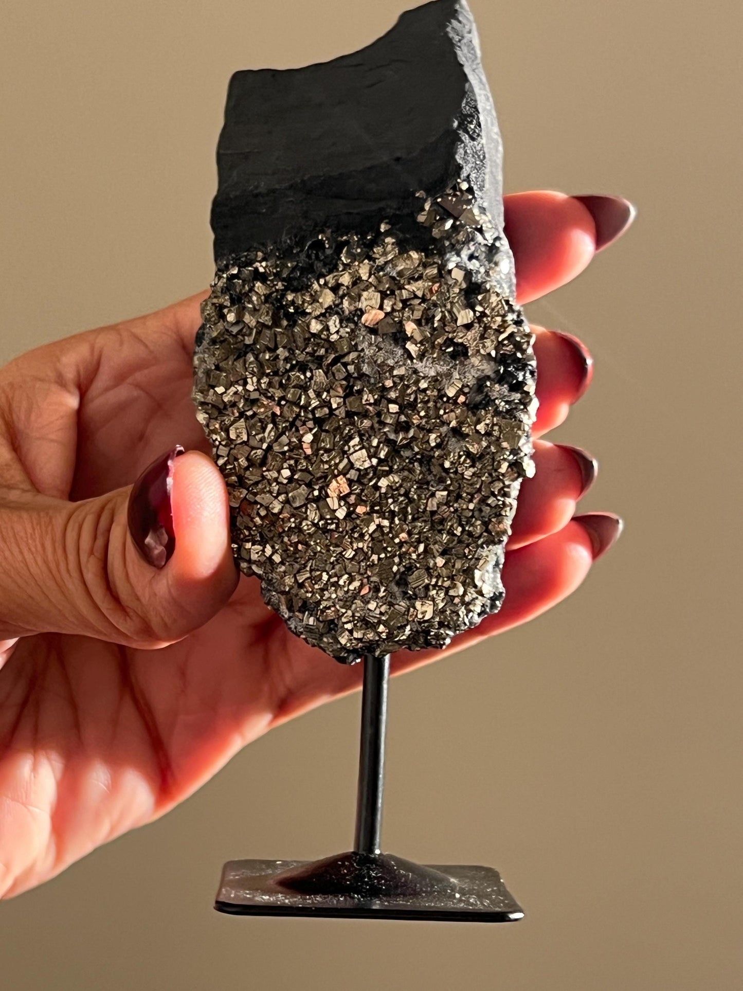 Shungite with Pyrite On Stand, Natural Shungite, Shungite with Pyrite, Raw Shungite, Crystal Gifts, Metaphysical Gifts, Spiritual Decor