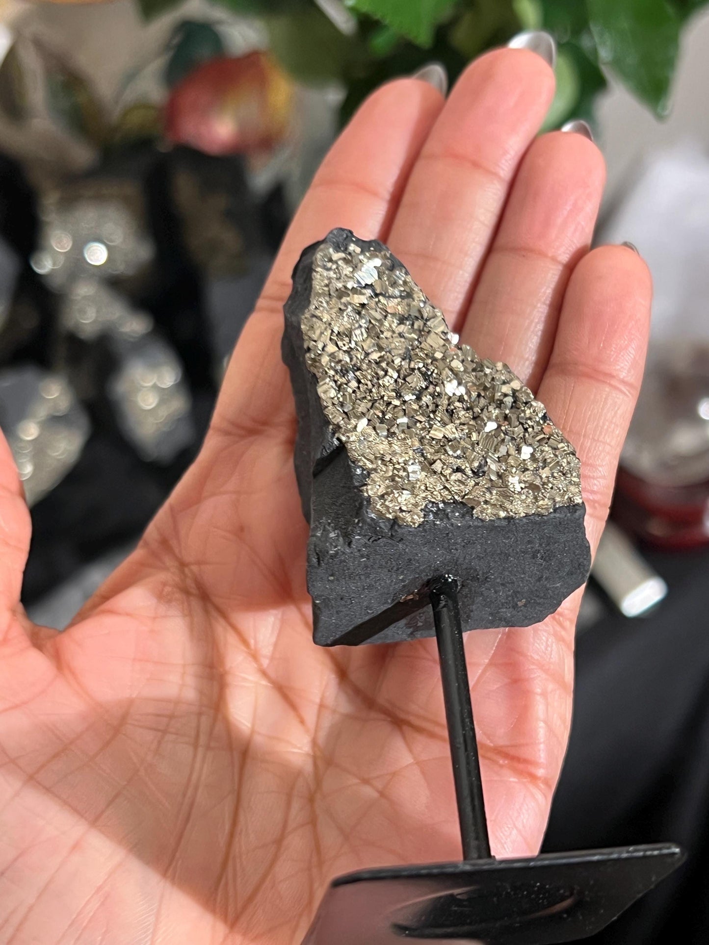 Mini Shungite with Pyrite On Stand, Natural Shungite, Shungite with Pyrite, Raw Shungite, Crystal Gifts, Metaphysical Gifts, Spiritual Decor