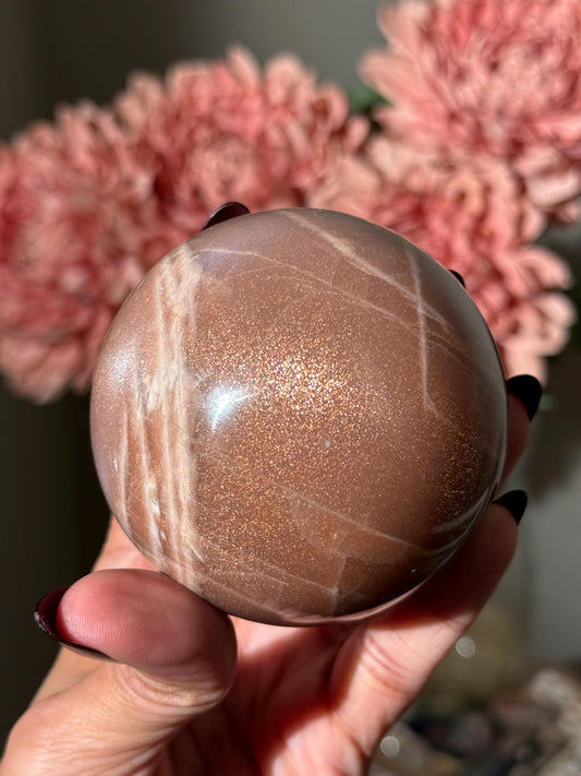Star Flash Peach Suntone Sphere, Sunstone With Rainbow Confetti, Sunstone with  Moonstone Peach Moonstone, 73 mm