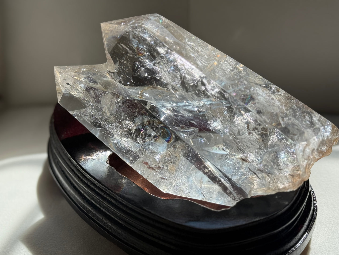 Twin Quartz Crystal, Tantric Twin Flame Quartz , A-Grade Clear Quartz with Rainbows on Custom Wooden Stand,  Statement Crystal Specimen