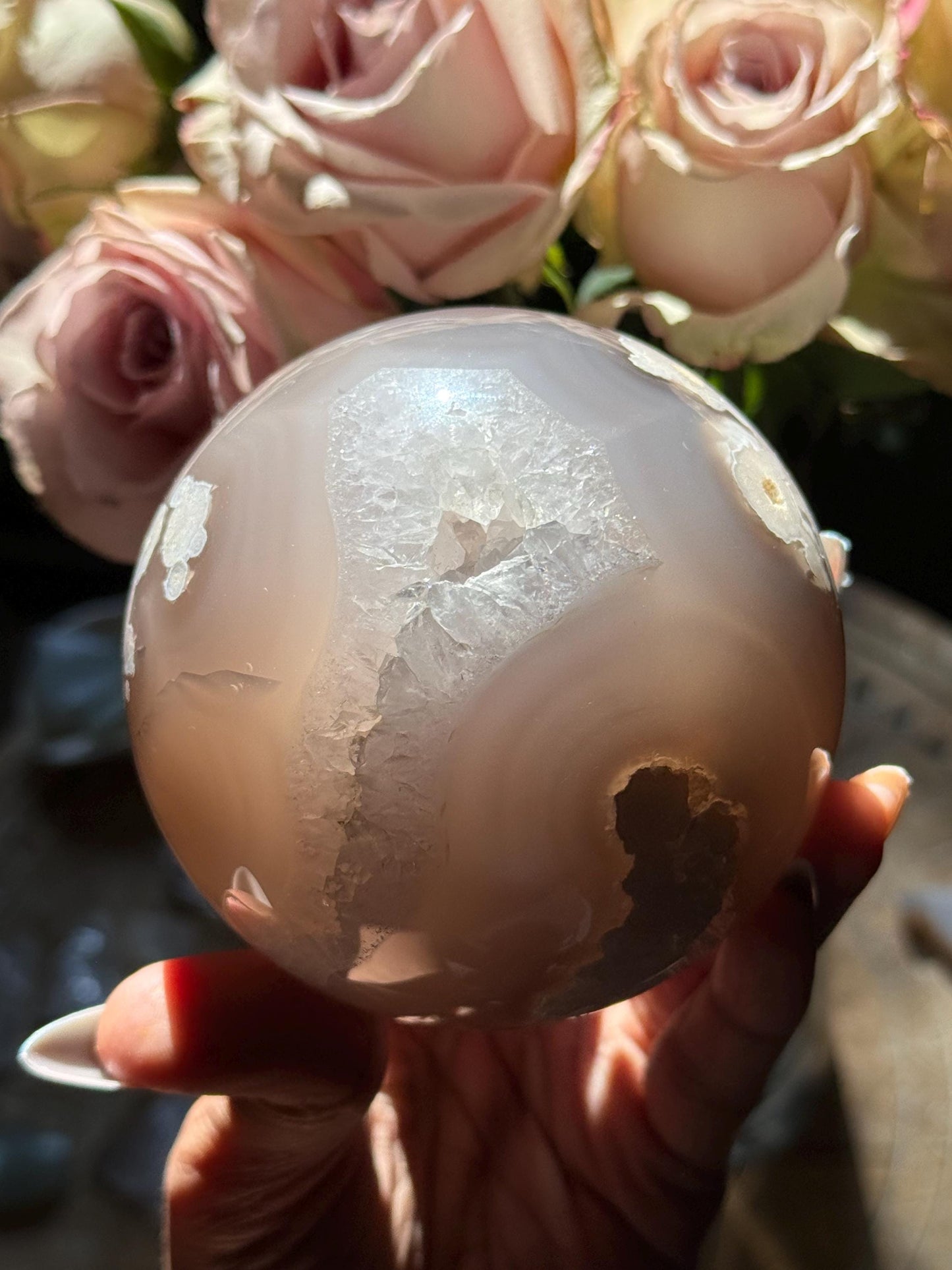 Black Flower Agate Sphere, Flower Agate, Large Flower Agate, Crystal Gifts, Spiritual Decor, Crystal Ball,