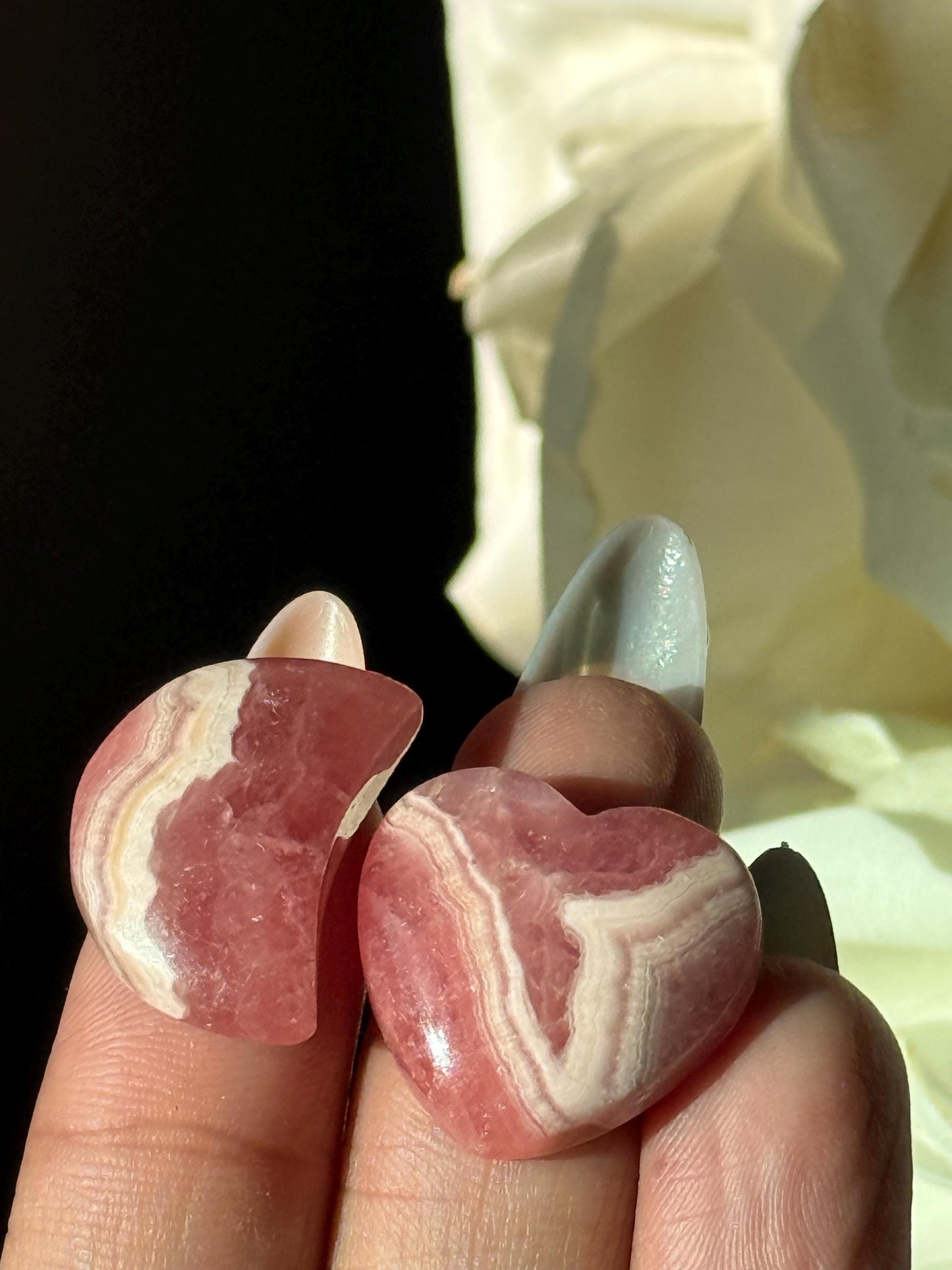 Rhodochrosite Heart Set, Pink Rhodochrosite Moon, Rhodochrosite Heart, Banded rhodochrosite, Moon Charms, Crystal Gifts, Rhodochrosite,