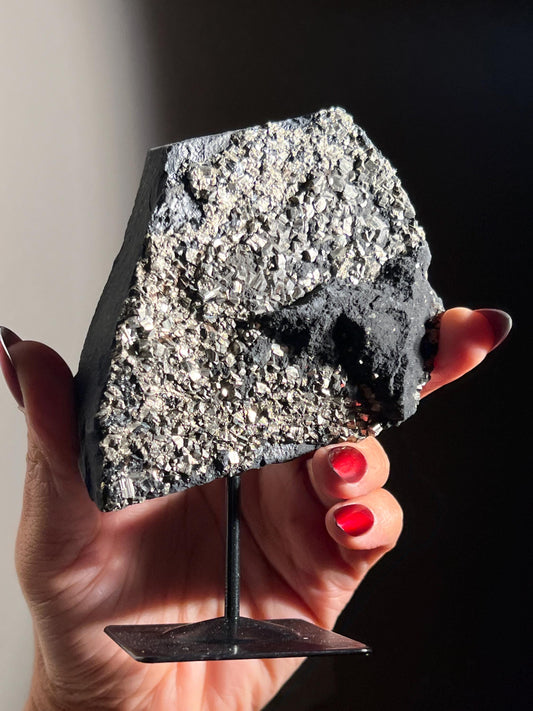 Shungite with Pyrite On Stand, Natural Shungite, Shungite with Pyrite, Raw Shungite, Crystal Gifts, Metaphysical Gifts, Spiritual Decor