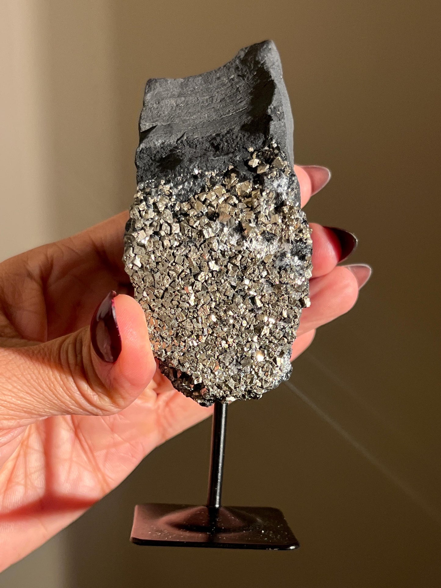 Shungite with Pyrite On Stand, Natural Shungite, Shungite with Pyrite, Raw Shungite, Crystal Gifts, Metaphysical Gifts, Spiritual Decor