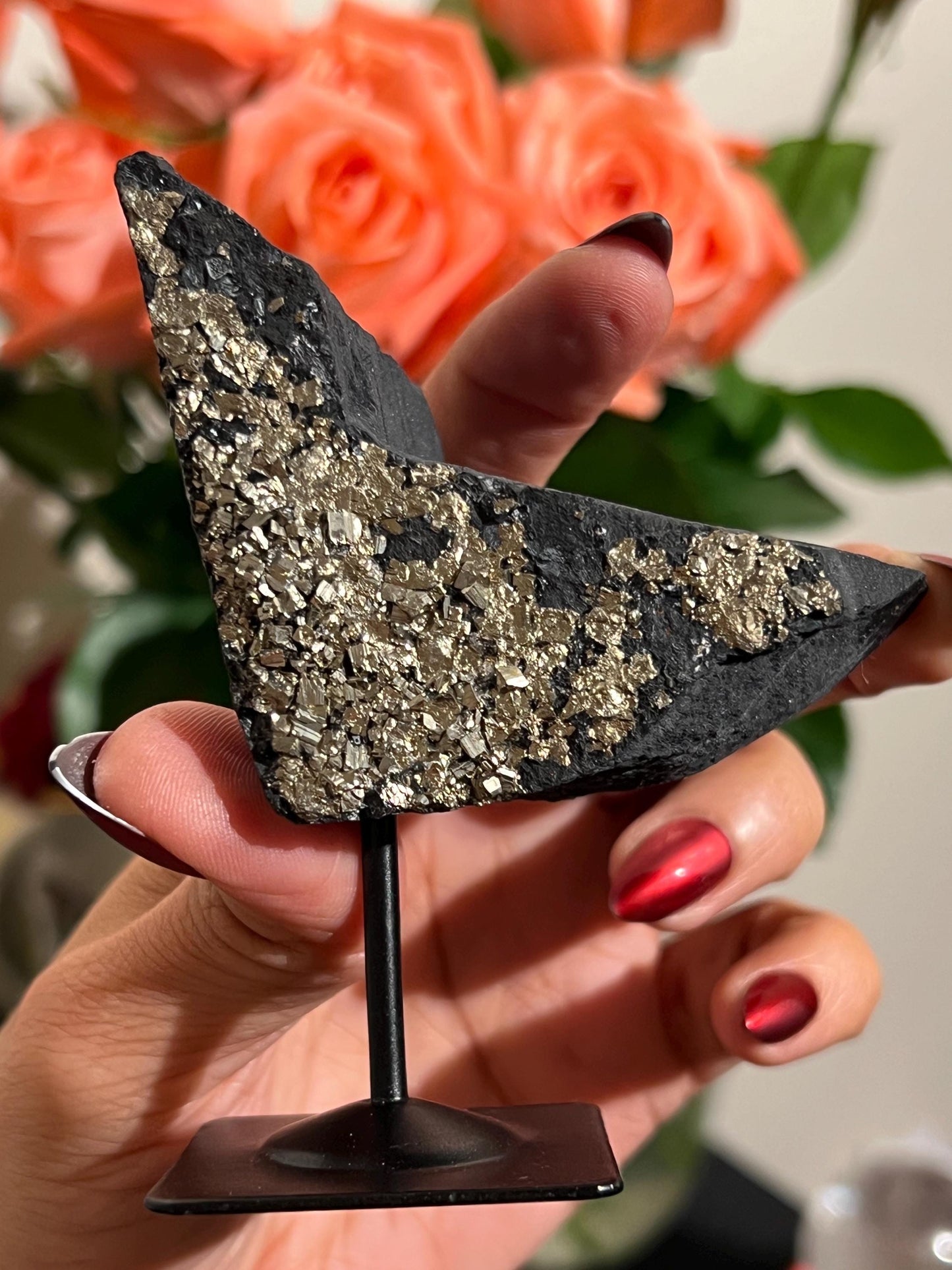 Shungite with Pyrite On Stand, Natural Shungite, Shungite with Pyrite, Raw Shungite, Crystal Gifts, Metaphysical Gifts, Spiritual Decor