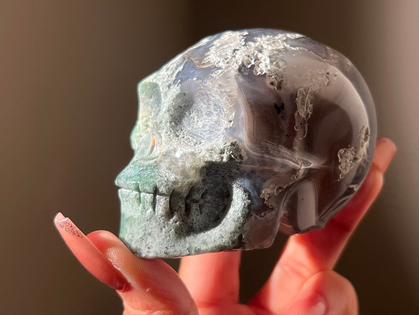 Moss Agate Skull, Druzy Moss Agate, Moss Agate Crystal, Crystal Gifts, Metaphysical Gifts, Witch Decoration, Crystal Skulls, SMALL