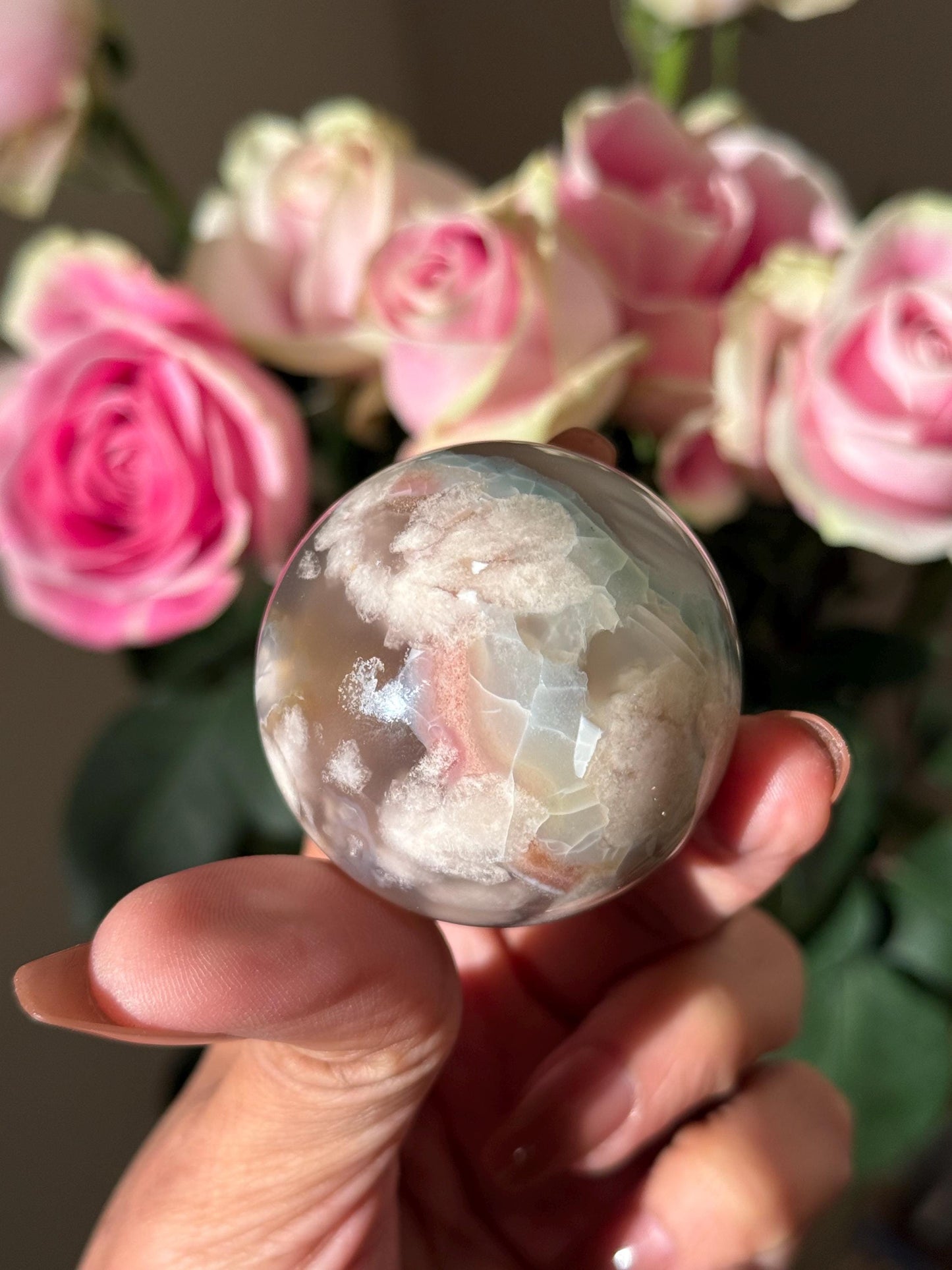 Green Flower Agate, Green Flower Agate Sphere, Sakura Agate, Cherry Blossom Agate, Heart Crystals, Crystal Gifts, Metaphysical Gifts