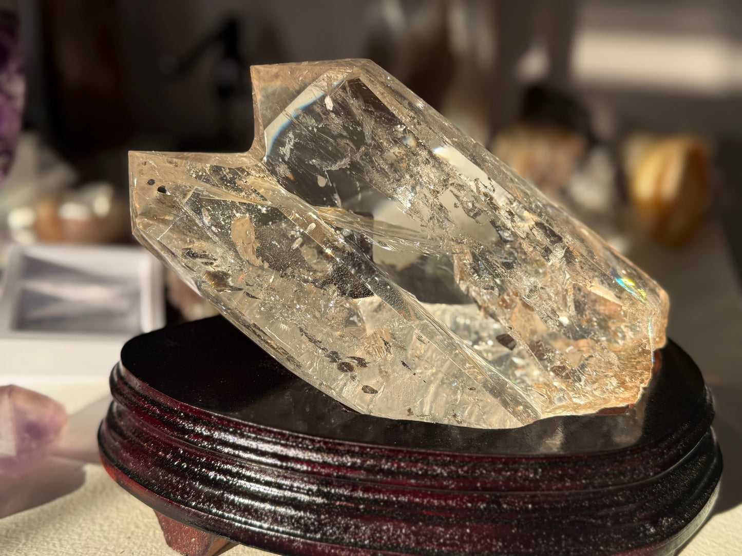 Twin Quartz Crystal, Tantric Twin Flame Quartz , A-Grade Clear Quartz with Rainbows on Custom Wooden Stand,  Statement Crystal Specimen