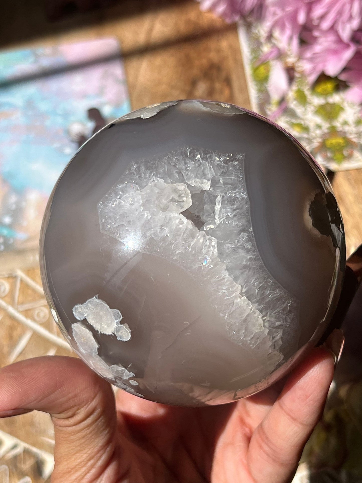 Black Flower Agate Sphere, Flower Agate, Large Flower Agate, Crystal Gifts, Spiritual Decor, Crystal Ball,