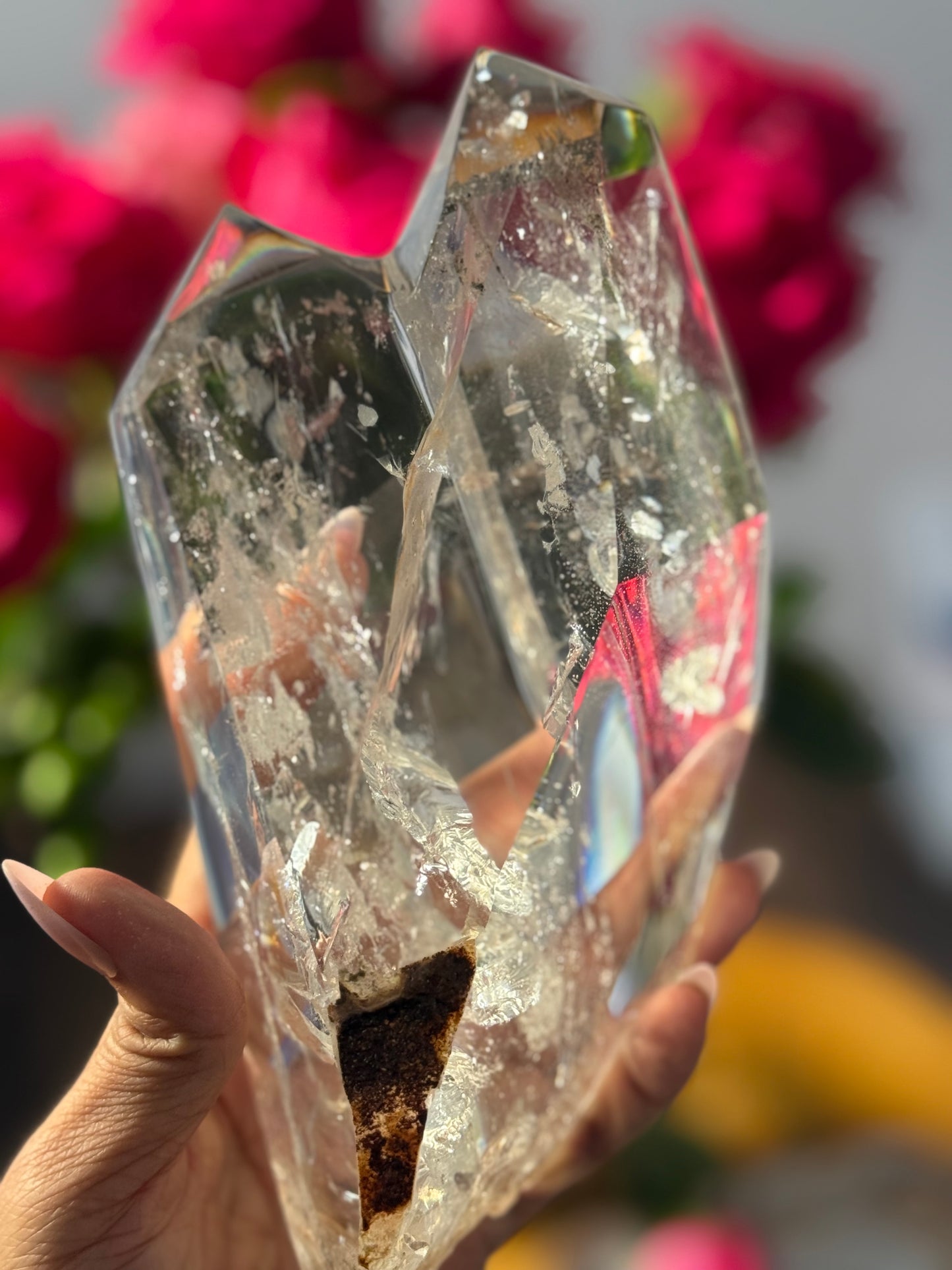 Twin Quartz Crystal, Tantric Twin Flame Quartz , A-Grade Clear Quartz with Rainbows on Custom Wooden Stand,  Statement Crystal Specimen
