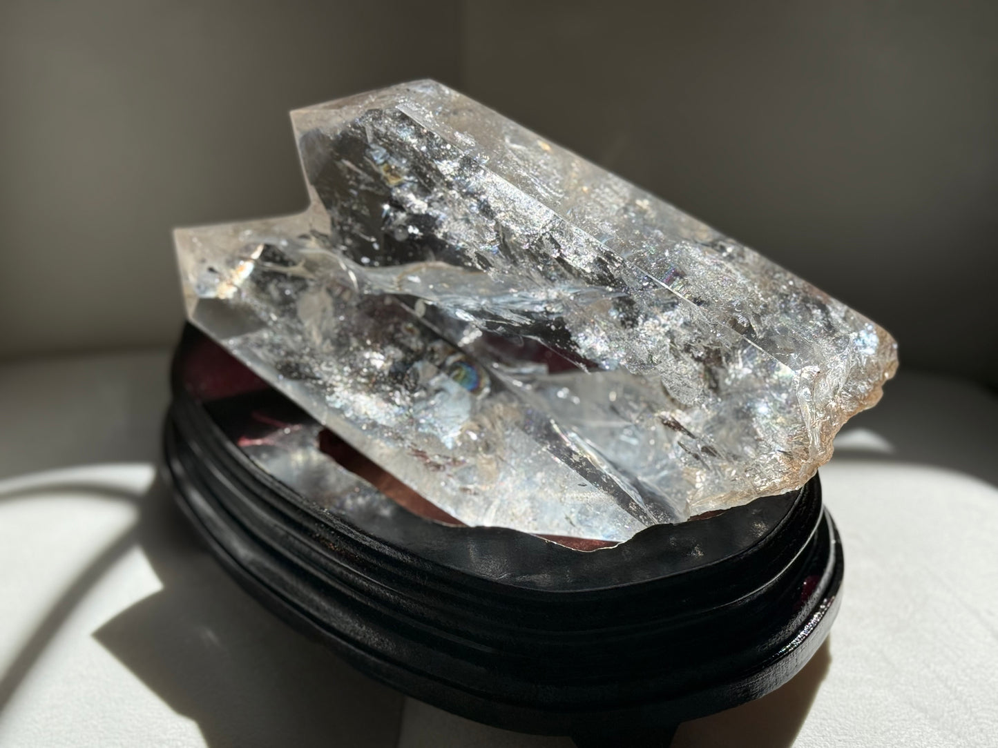Twin Quartz Crystal, Tantric Twin Flame Quartz , A-Grade Clear Quartz with Rainbows on Custom Wooden Stand,  Statement Crystal Specimen