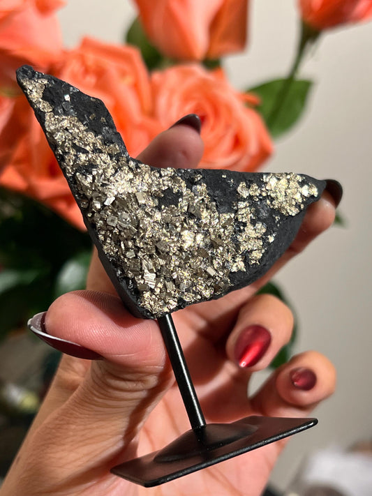 Shungite with Pyrite On Stand, Natural Shungite, Shungite with Pyrite, Raw Shungite, Crystal Gifts, Metaphysical Gifts, Spiritual Decor