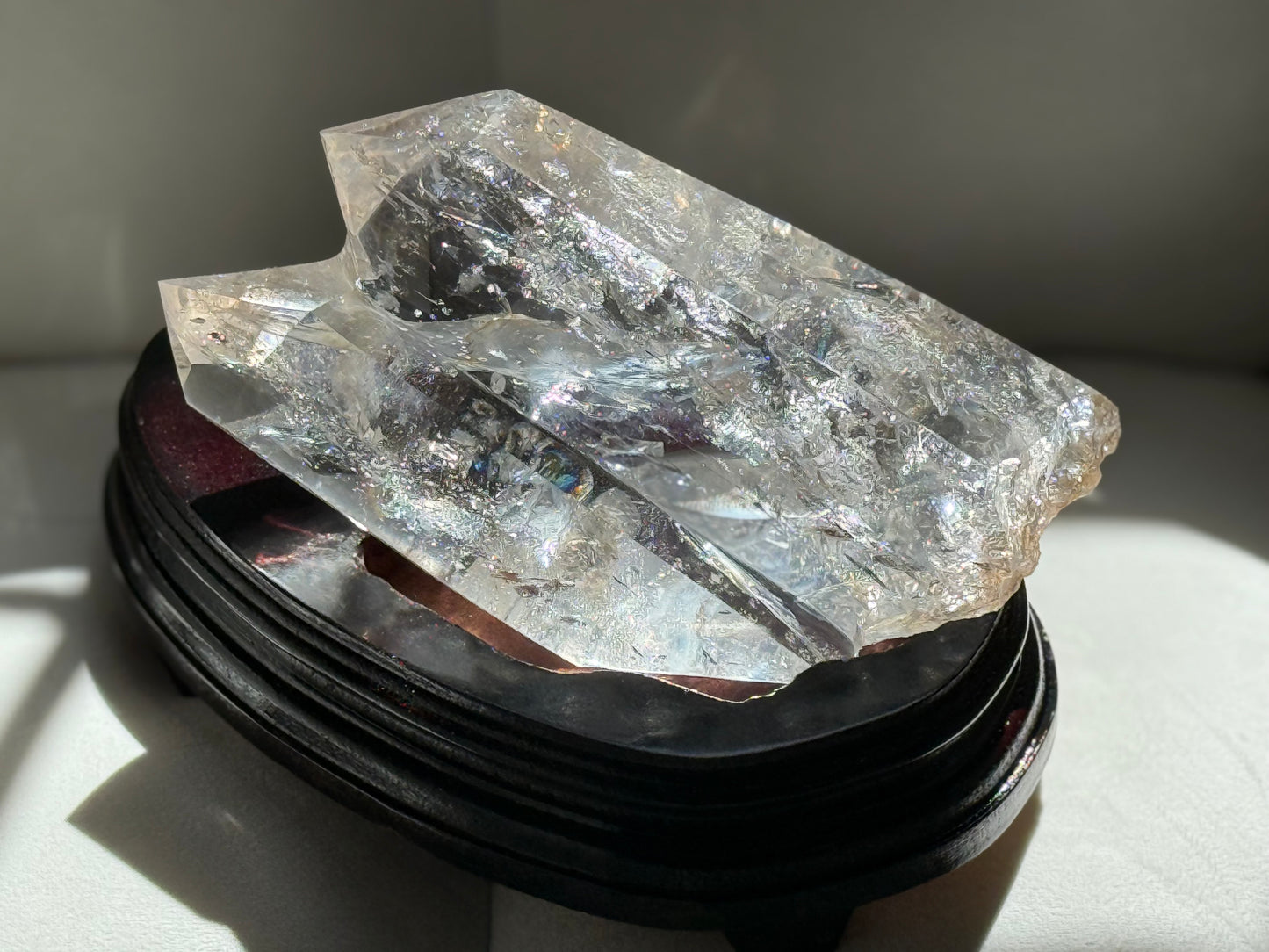 Twin Quartz Crystal, Tantric Twin Flame Quartz , A-Grade Clear Quartz with Rainbows on Custom Wooden Stand,  Statement Crystal Specimen
