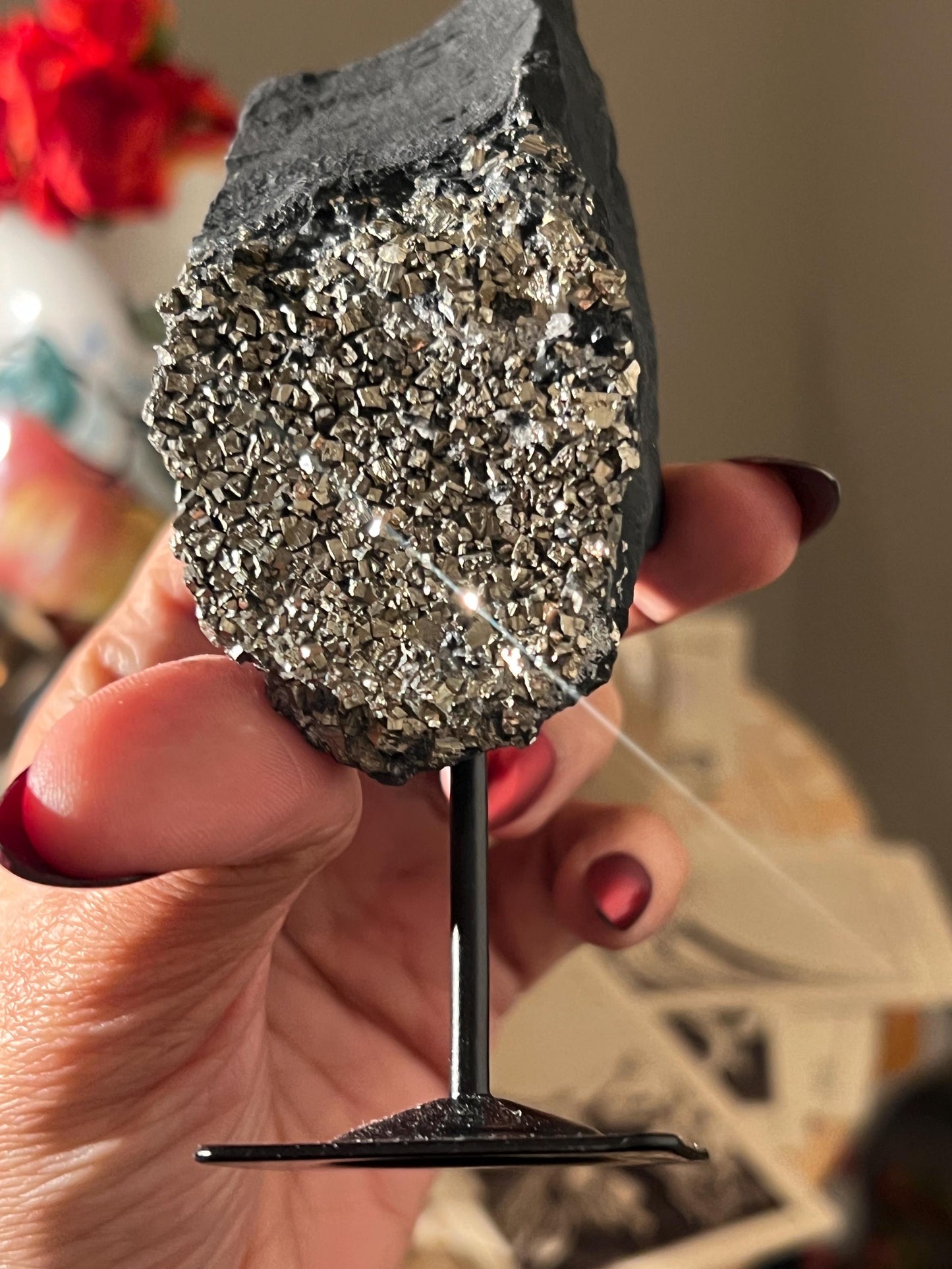 Shungite with Pyrite On Stand, Natural Shungite, Shungite with Pyrite, Raw Shungite, Crystal Gifts, Metaphysical Gifts, Spiritual Decor