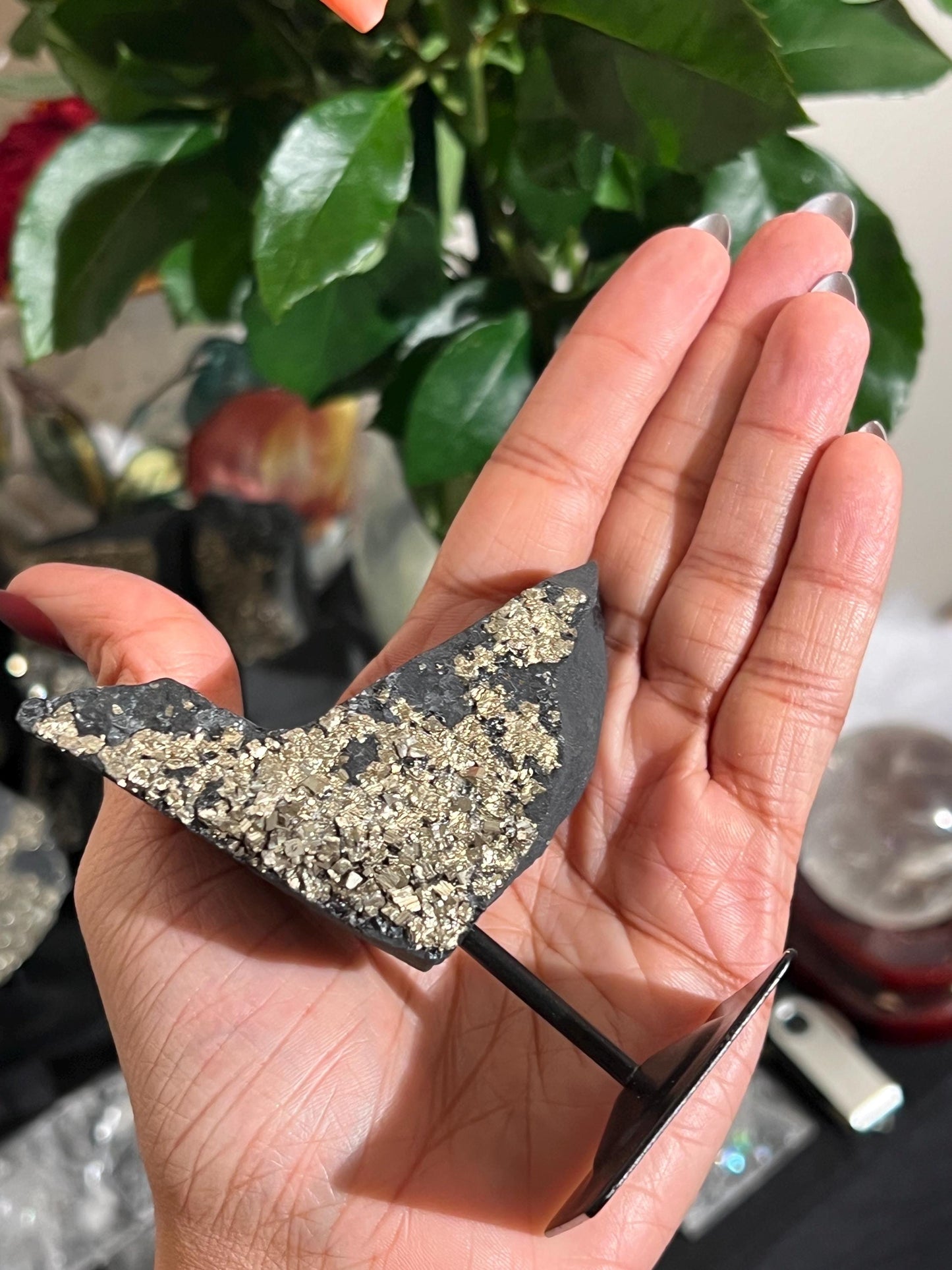 Shungite with Pyrite On Stand, Natural Shungite, Shungite with Pyrite, Raw Shungite, Crystal Gifts, Metaphysical Gifts, Spiritual Decor