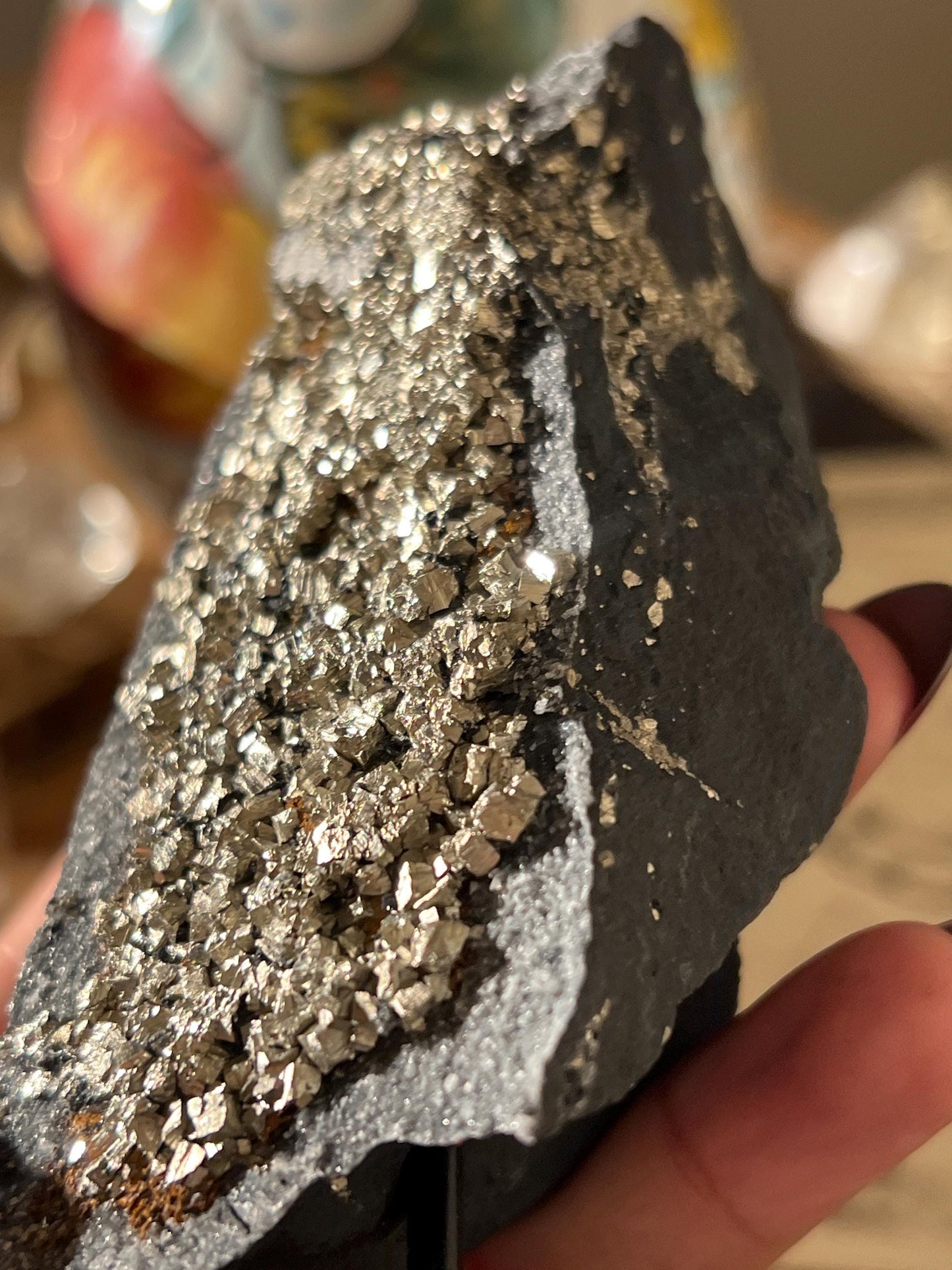 Shungite with Pyrite On Stand, Natural Shungite, Shungite with Pyrite, Raw Shungite, Crystal Gifts, Metaphysical Gifts, Spiritual Decor