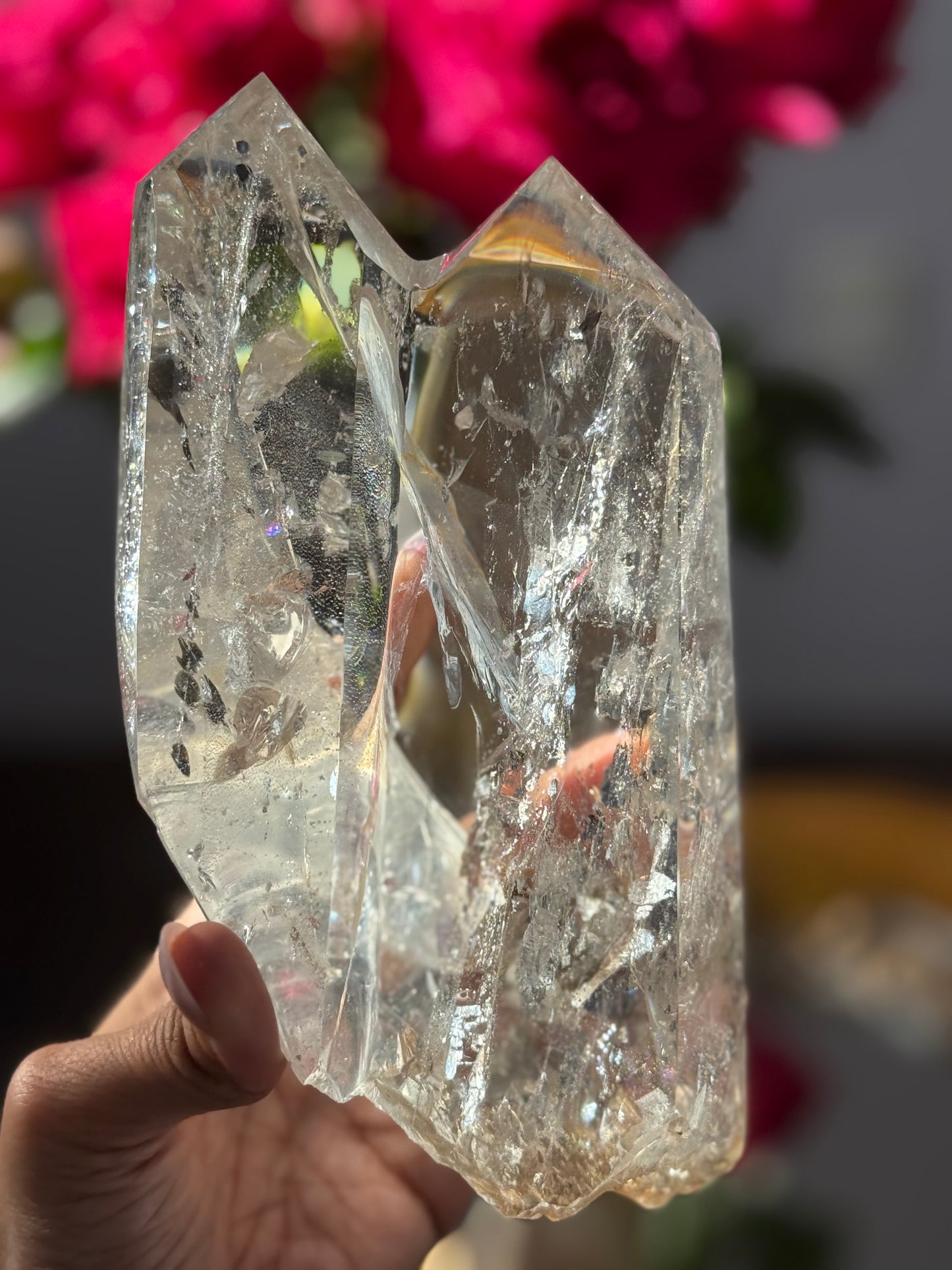 Twin Quartz Crystal, Tantric Twin Flame Quartz , A-Grade Clear Quartz with Rainbows on Custom Wooden Stand,  Statement Crystal Specimen