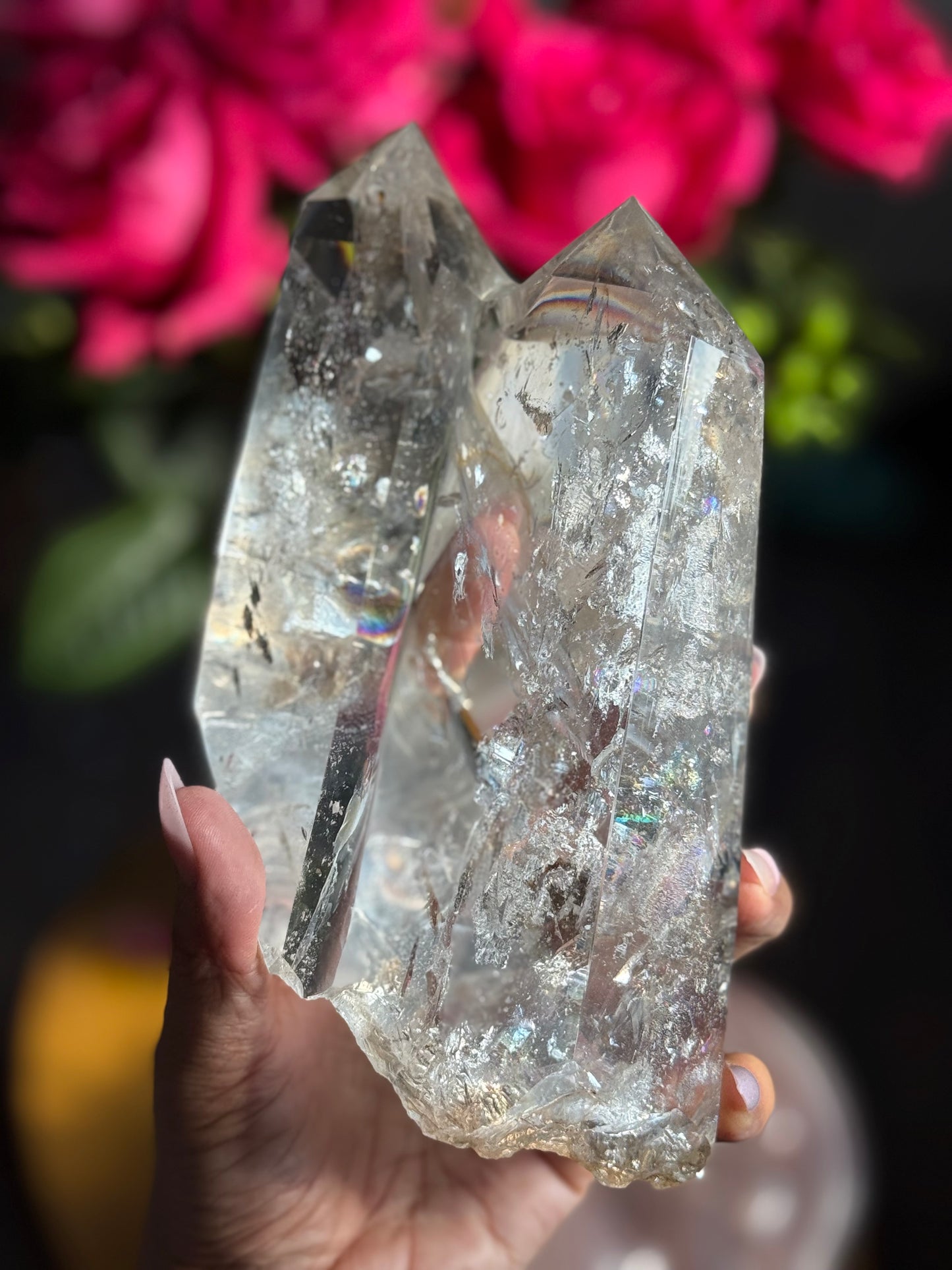 Twin Quartz Crystal, Tantric Twin Flame Quartz , A-Grade Clear Quartz with Rainbows on Custom Wooden Stand,  Statement Crystal Specimen