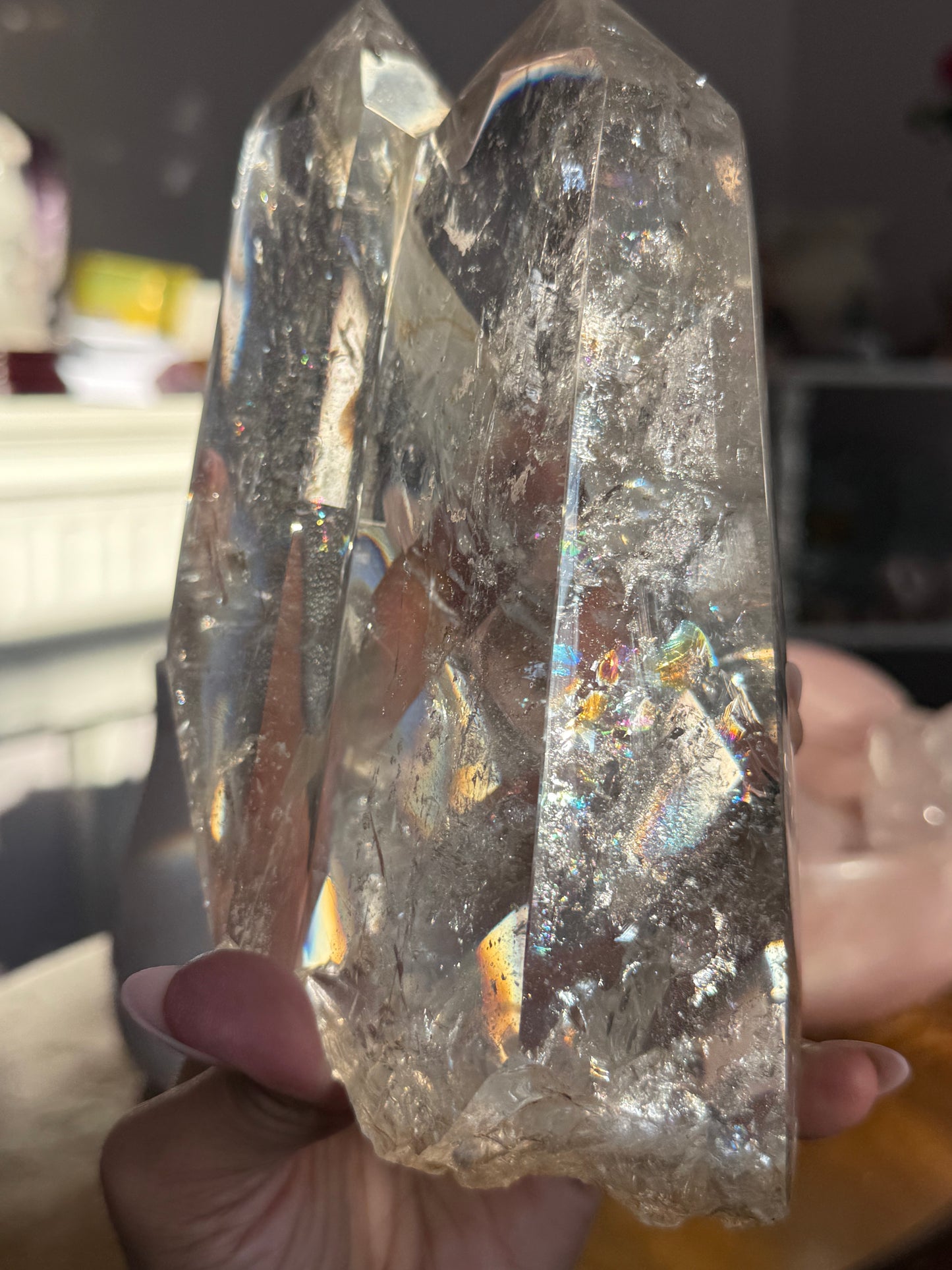 Twin Quartz Crystal, Tantric Twin Flame Quartz , A-Grade Clear Quartz with Rainbows on Custom Wooden Stand,  Statement Crystal Specimen