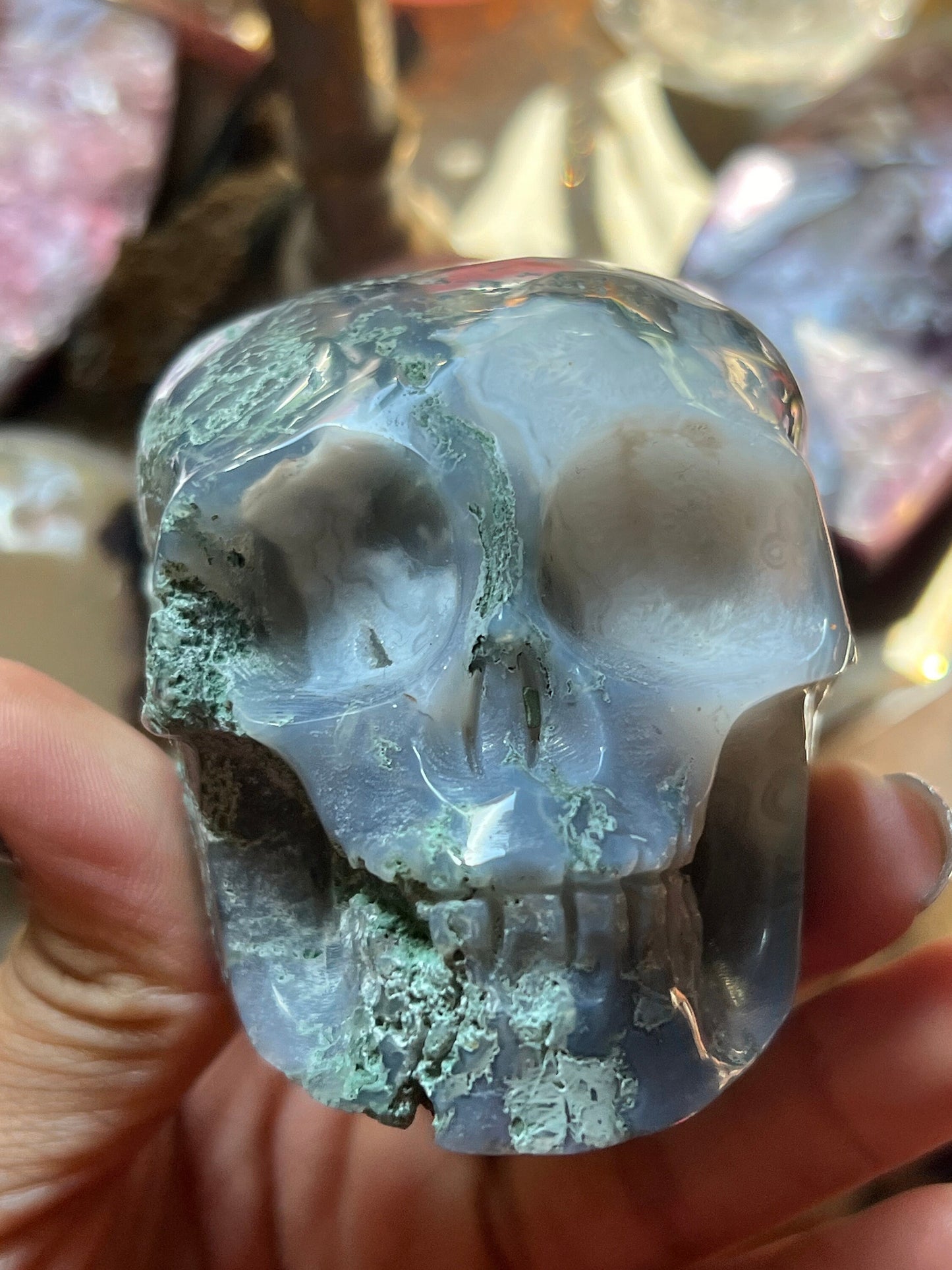 Small Moss Agate Skull, Druzy Moss Agate, Moss Agate Crystal, Crystal Gifts, Metaphysical Gifts, Witch Decoration, Crystal Skulls, SMALL