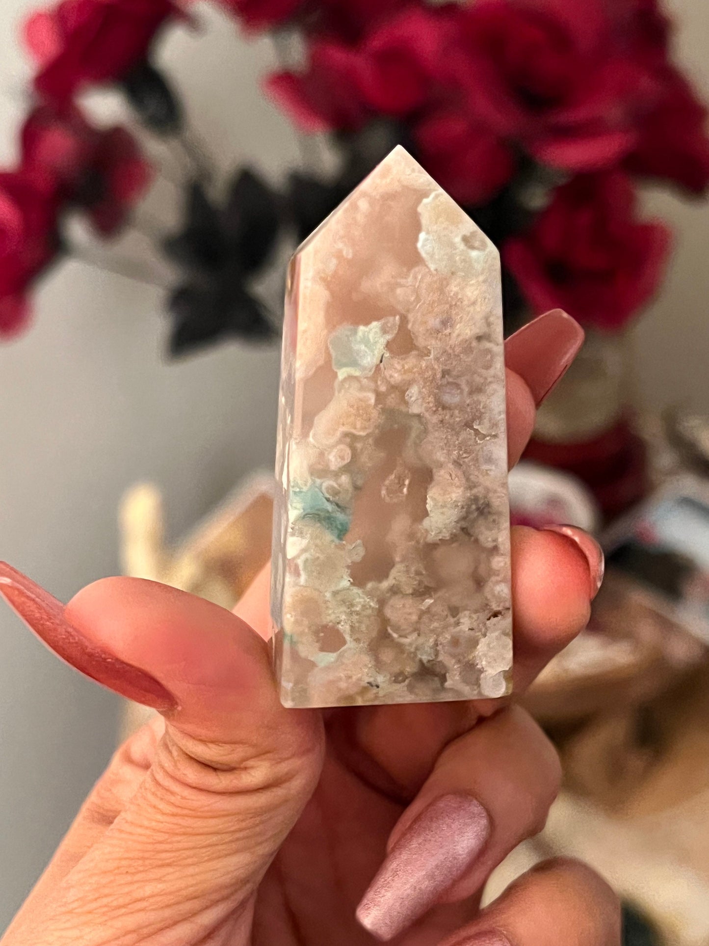 Precious Flower Agate Point, Pink flower agate tower, Beautiful Flower Agate Tower, Flower Agate, Healing Crystals, Crystals for Healing
