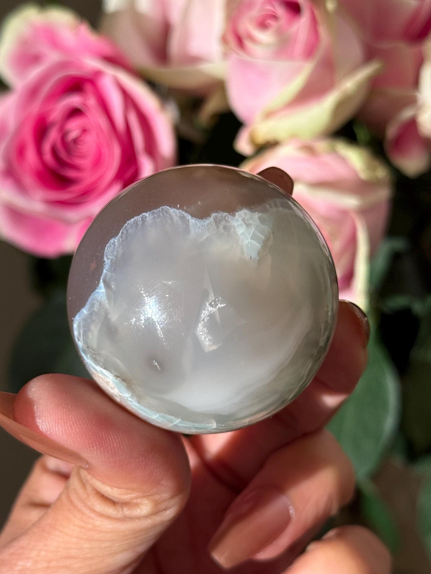 Green Flower Agate, Green Flower Agate Sphere, Sakura Agate, Cherry Blossom Agate, Heart Crystals, Crystal Gifts, Metaphysical Gifts