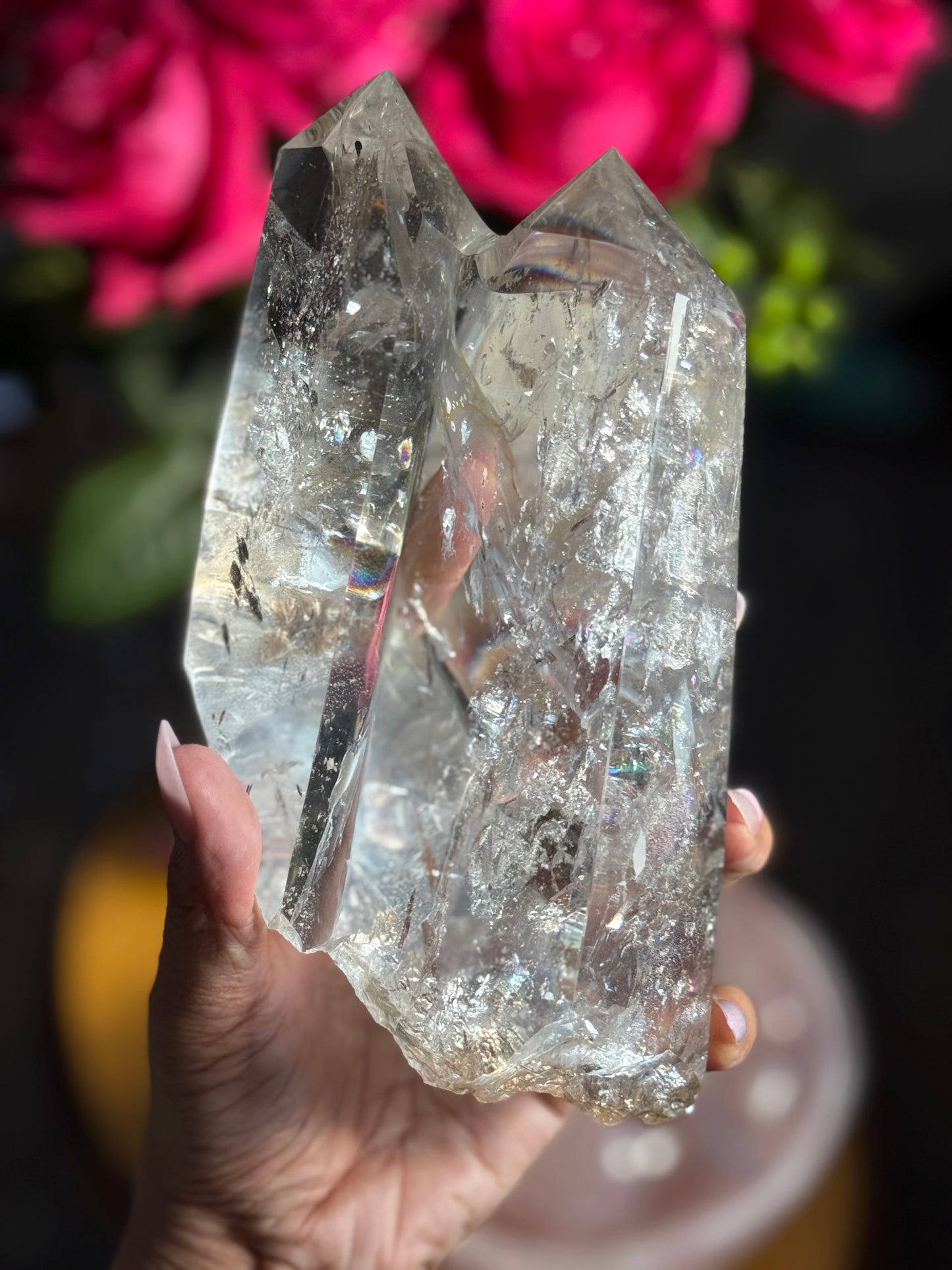 Twin Quartz Crystal, Tantric Twin Flame Quartz , A-Grade Clear Quartz with Rainbows on Custom Wooden Stand,  Statement Crystal Specimen