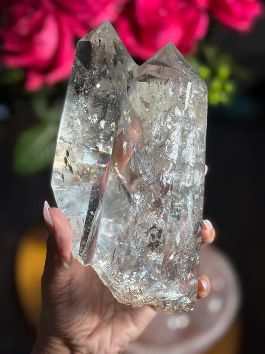 Twin Quartz Crystal, Tantric Twin Flame Quartz , A-Grade Clear Quartz with Rainbows on Custom Wooden Stand,  Statement Crystal Specimen